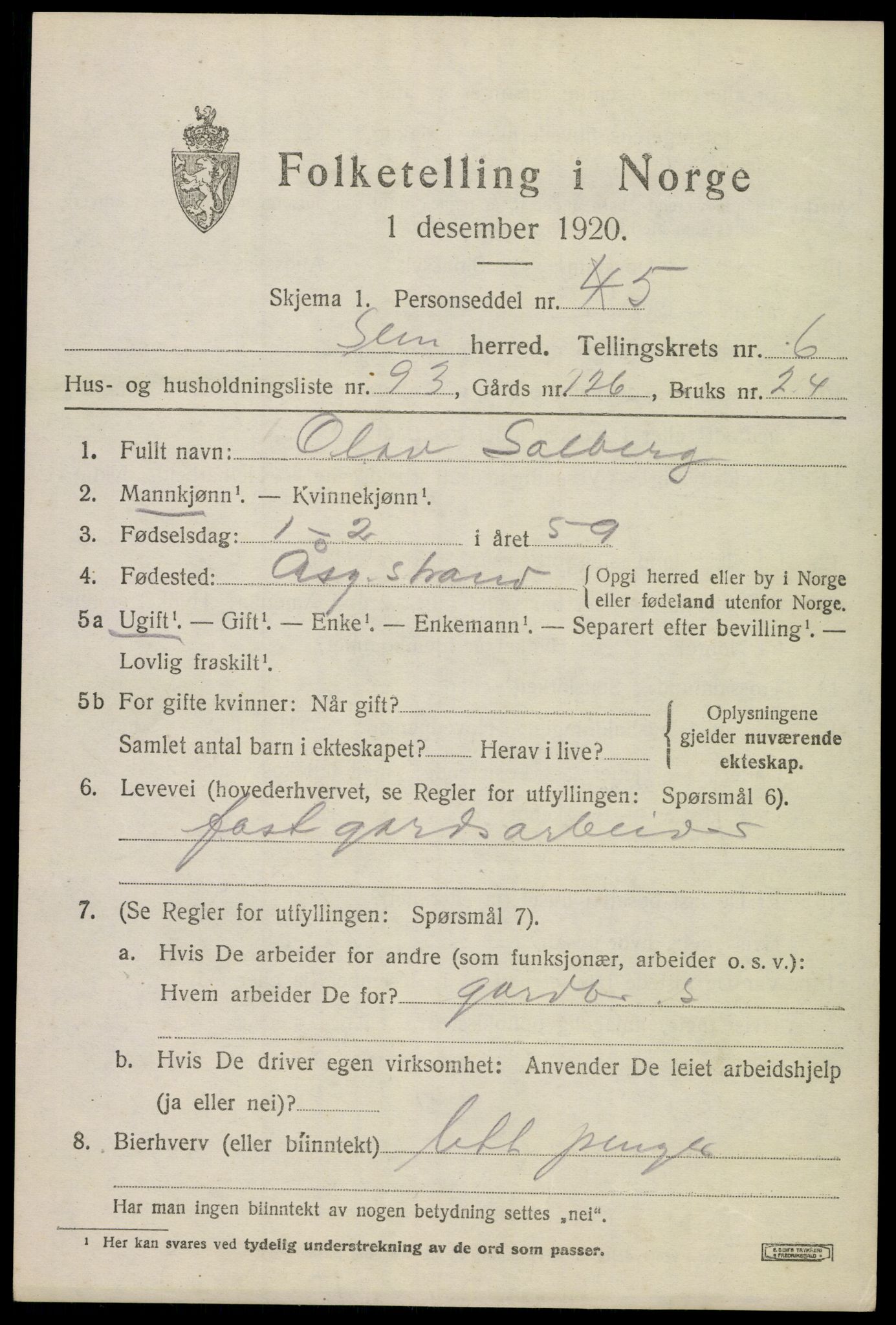 SAKO, 1920 census for Sem, 1920, p. 10323