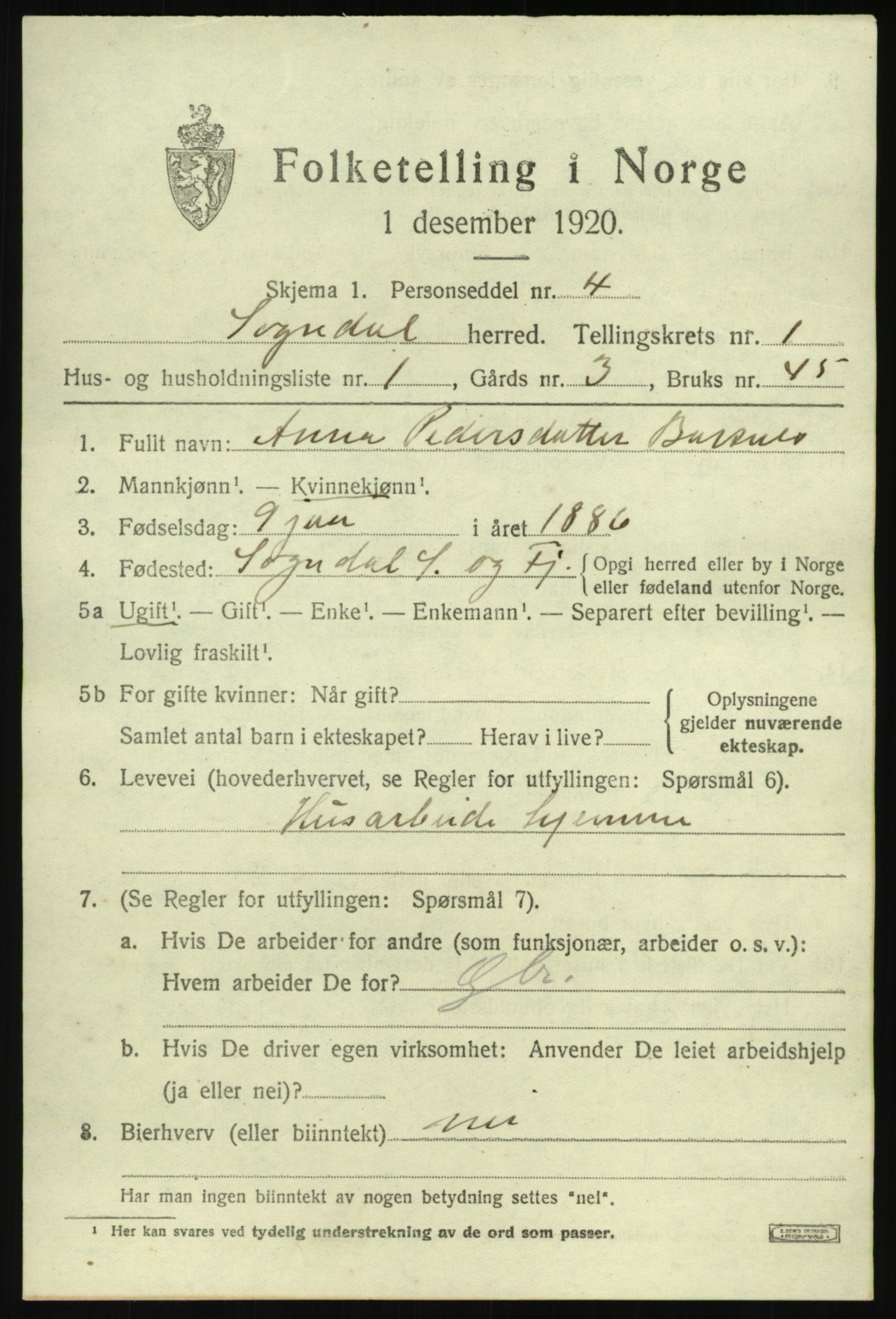 SAB, 1920 census for Sogndal, 1920, p. 1309