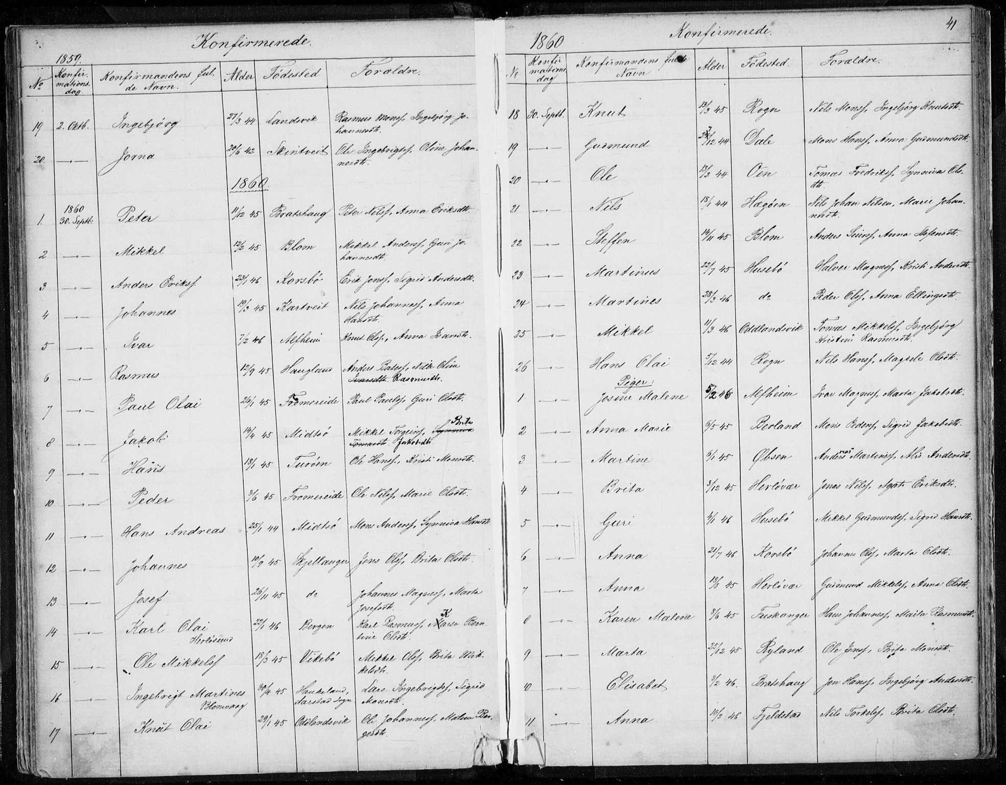 Herdla Sokneprestembete, AV/SAB-A-75701/H/Haa: Parish register (official) no. A 1, 1855-1869, p. 41