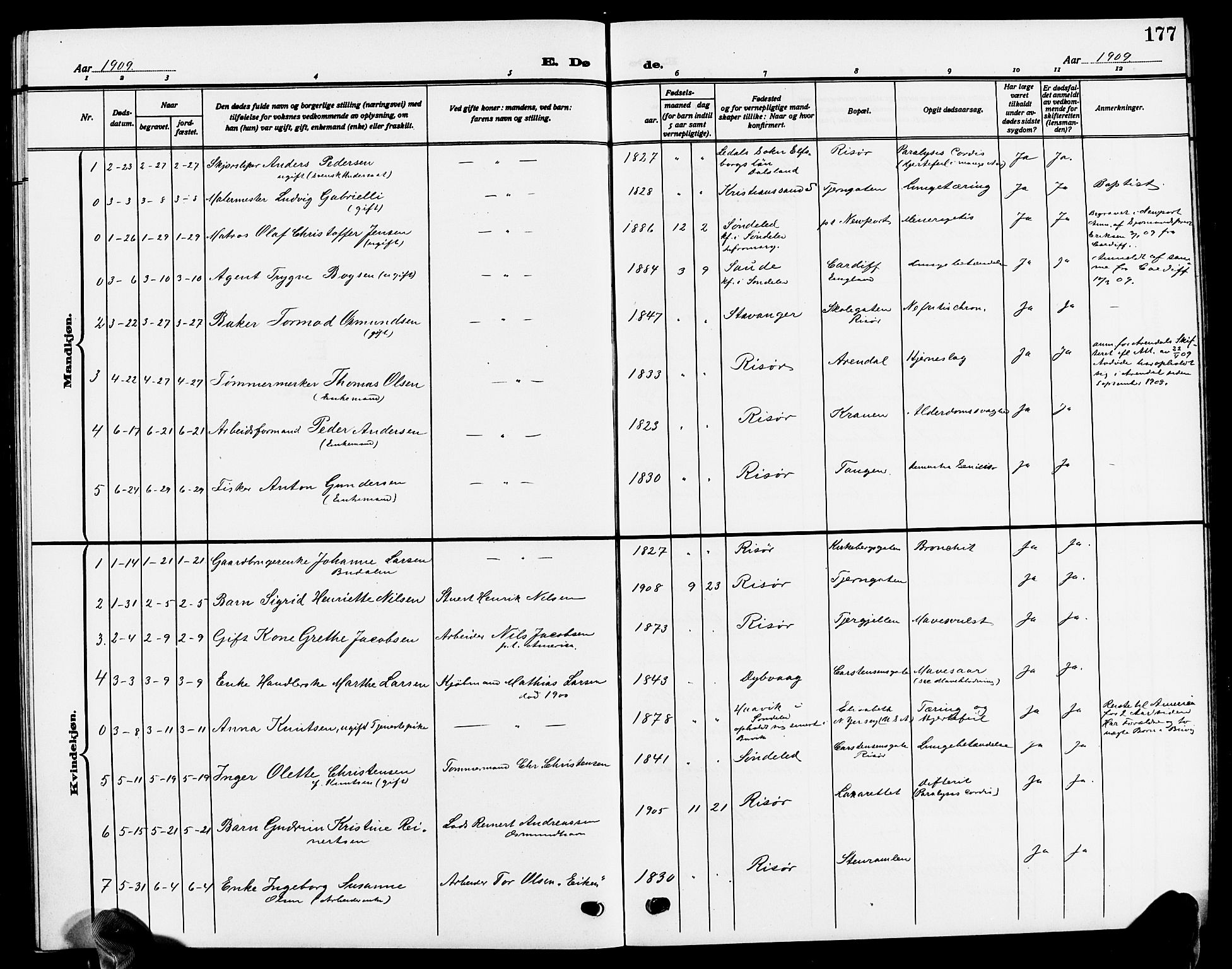Risør sokneprestkontor, SAK/1111-0035/F/Fb/L0008: Parish register (copy) no. B 8, 1909-1921, p. 177