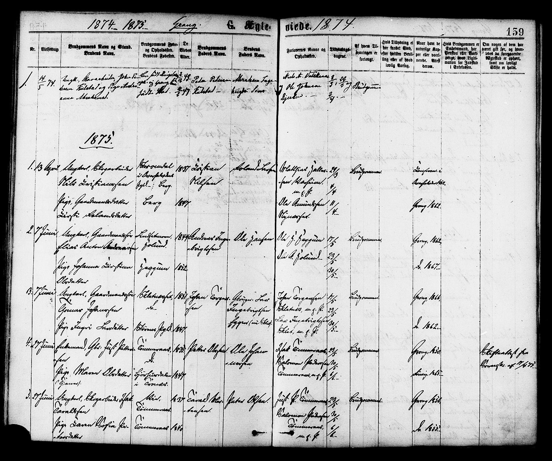 Ministerialprotokoller, klokkerbøker og fødselsregistre - Nord-Trøndelag, SAT/A-1458/758/L0516: Parish register (official) no. 758A03 /1, 1869-1879, p. 159