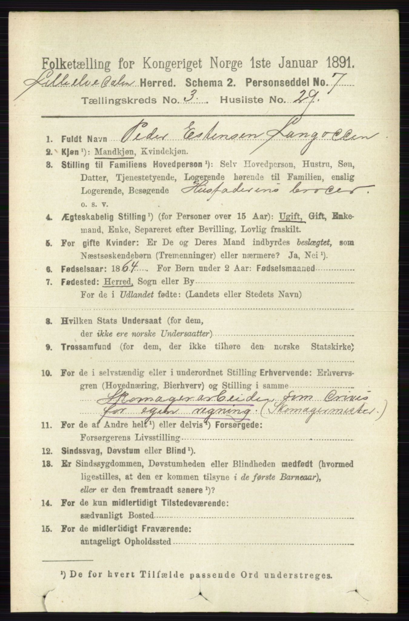 RA, 1891 census for 0438 Lille Elvedalen, 1891, p. 1278