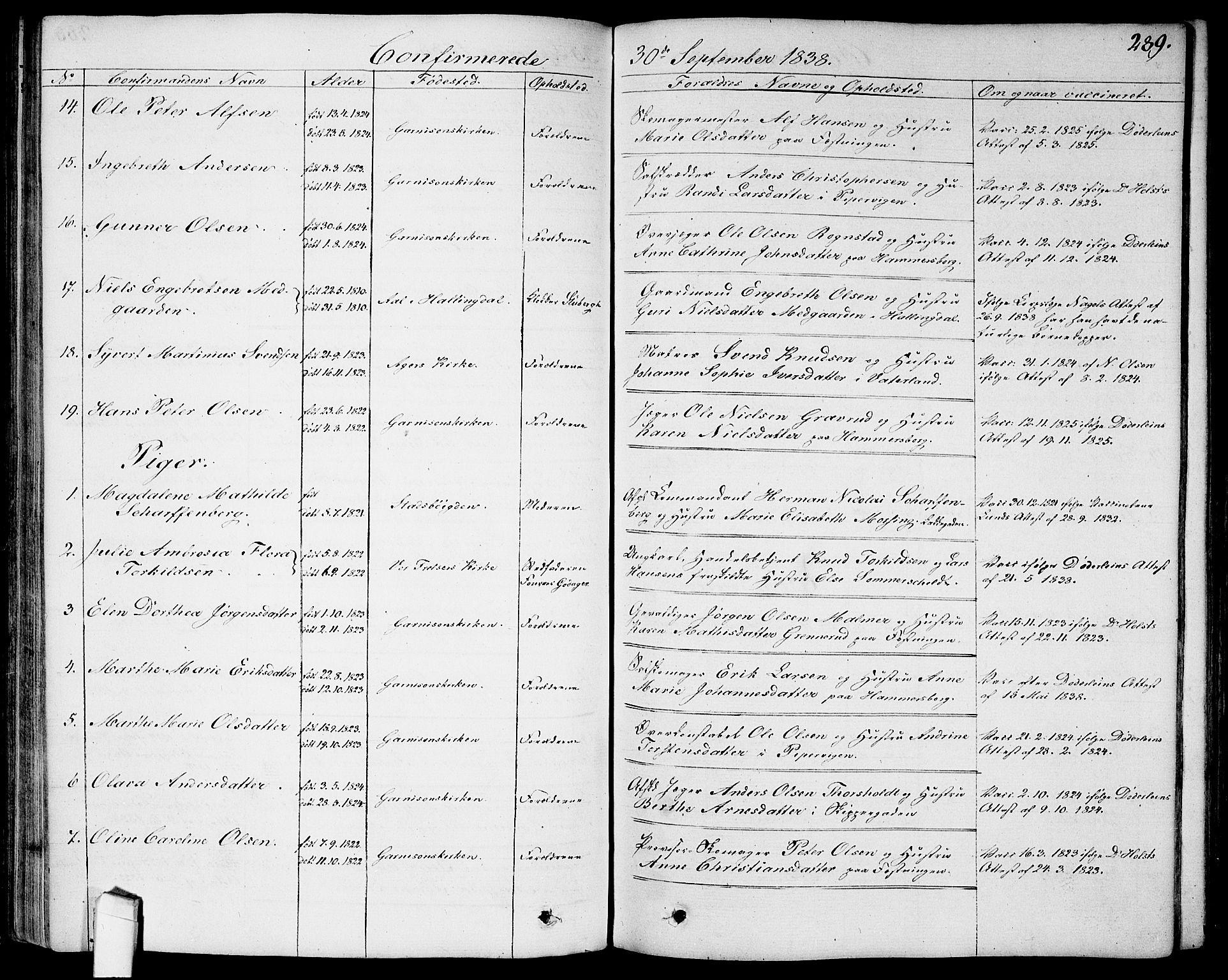 Garnisonsmenigheten Kirkebøker, AV/SAO-A-10846/G/Ga/L0004: Parish register (copy) no. 4, 1828-1840, p. 289