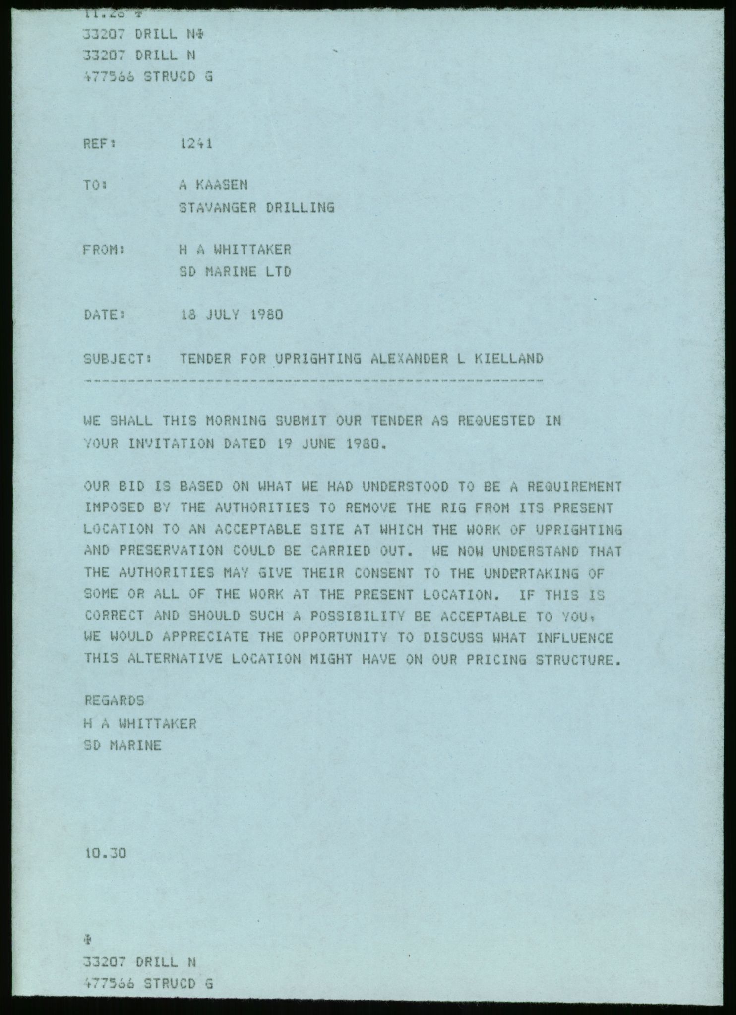 Pa 1503 - Stavanger Drilling AS, AV/SAST-A-101906/Da/L0013: Alexander L. Kielland - Saks- og korrespondansearkiv, 1980, p. 7