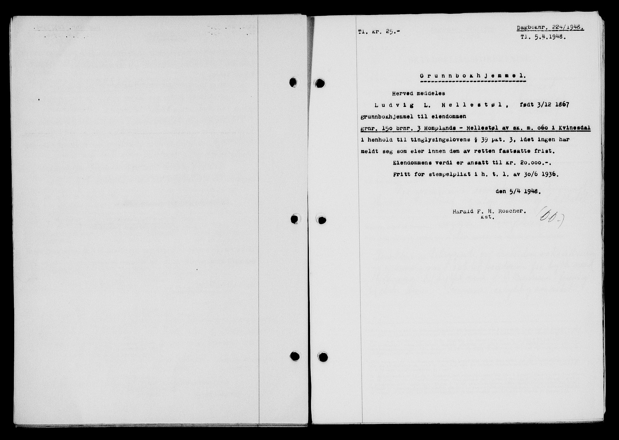 Flekkefjord sorenskriveri, SAK/1221-0001/G/Gb/Gba/L0063: Mortgage book no. A-11, 1947-1948, Diary no: : 224/1948