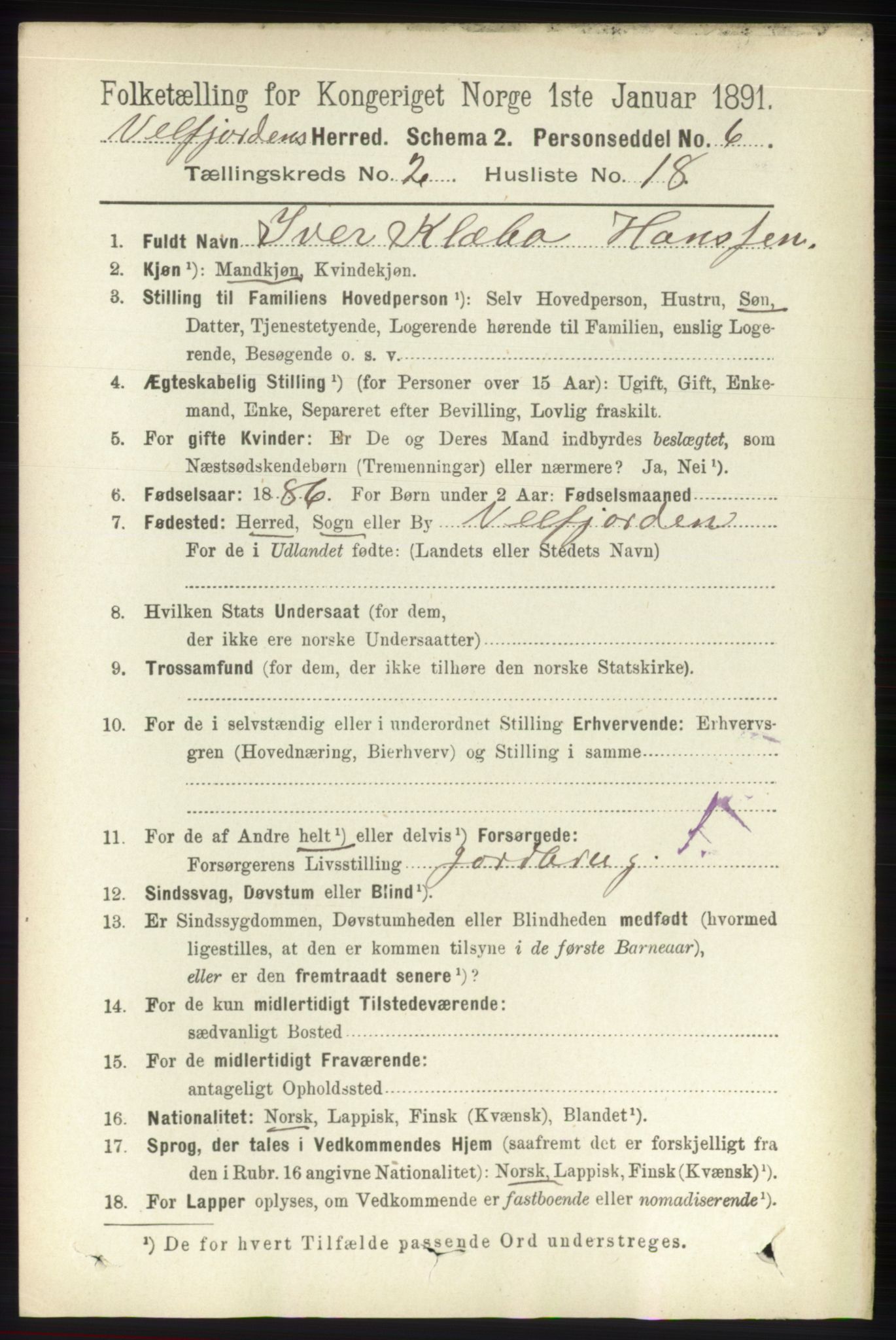 RA, 1891 census for 1813 Velfjord, 1891, p. 667