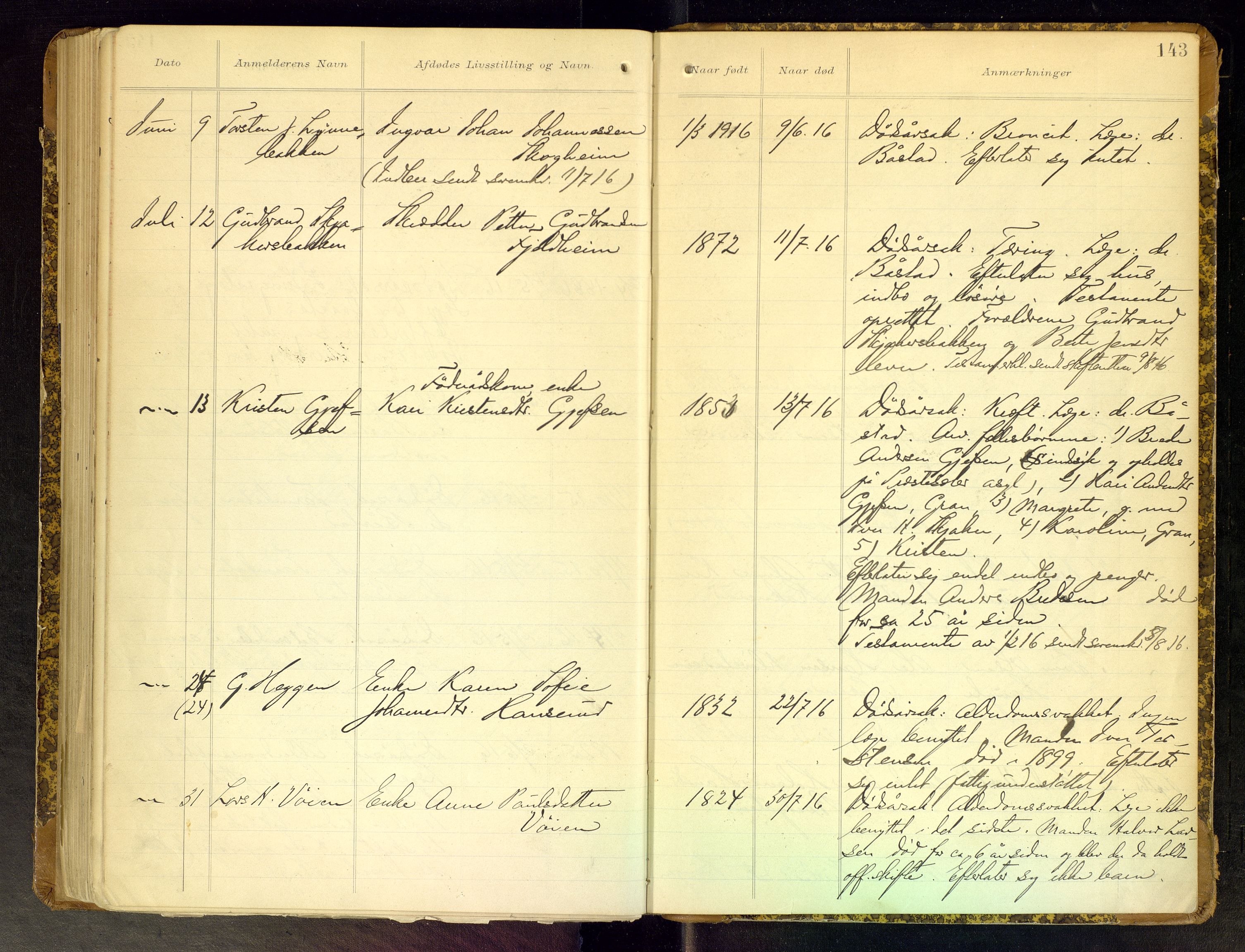 Gran lensmannskontor, AV/SAH-LOG-010/H/Ha/L0002: Dødsfallsprotokoll, 1899-1917, p. 143