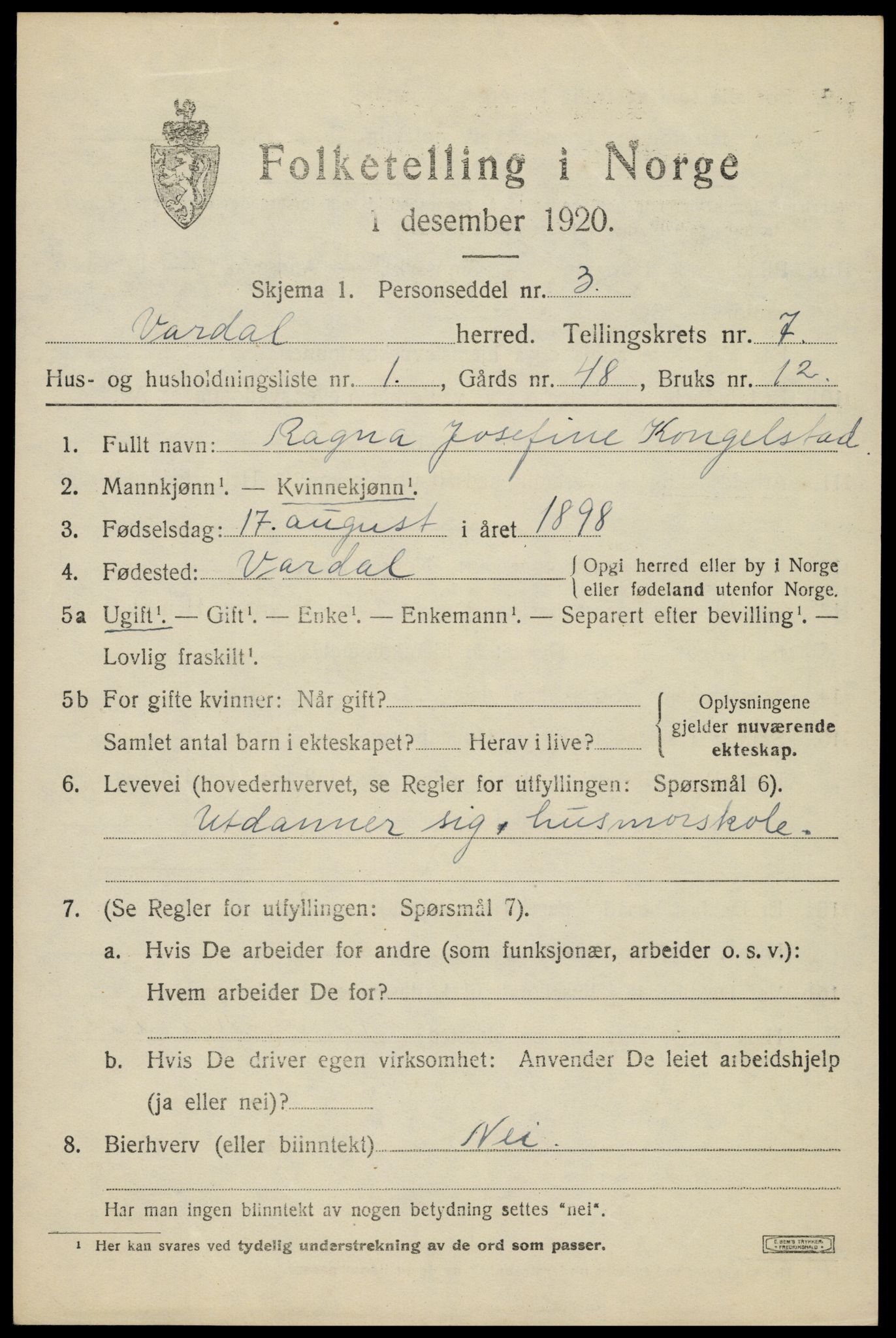 SAH, 1920 census for Vardal, 1920, p. 4867