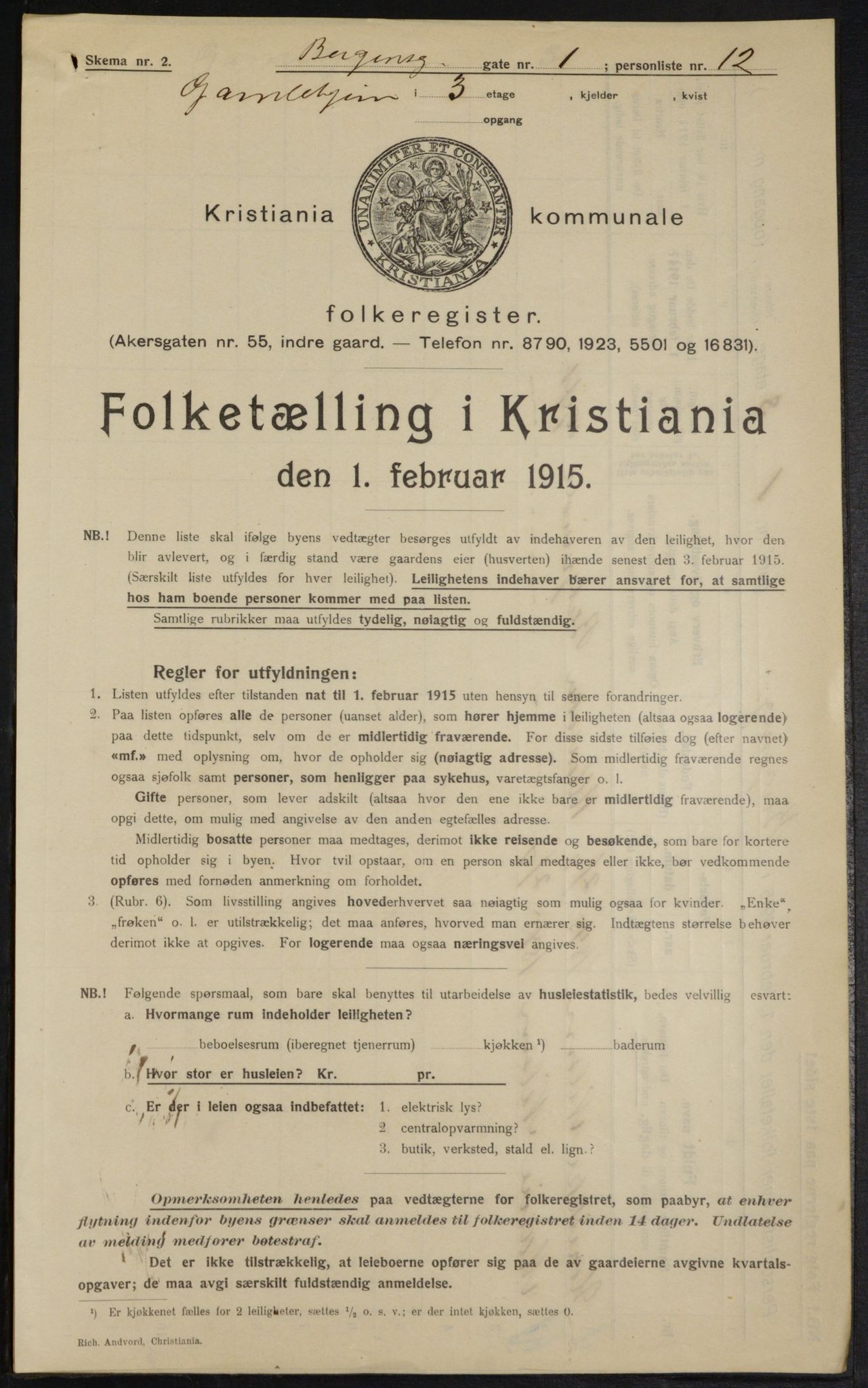 OBA, Municipal Census 1915 for Kristiania, 1915, p. 3747