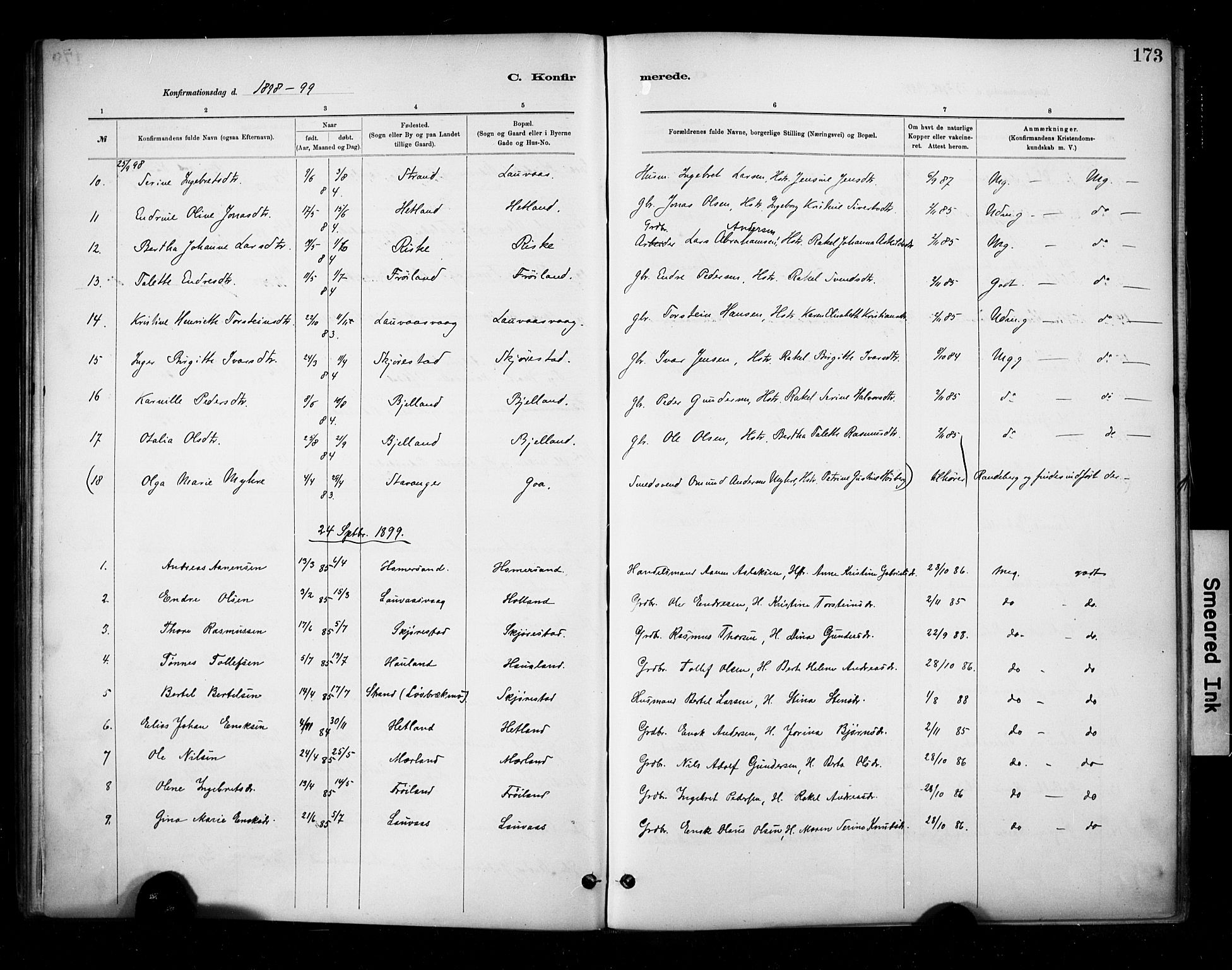 Hetland sokneprestkontor, AV/SAST-A-101826/30/30BA/L0010: Parish register (official) no. A 10, 1882-1925, p. 173