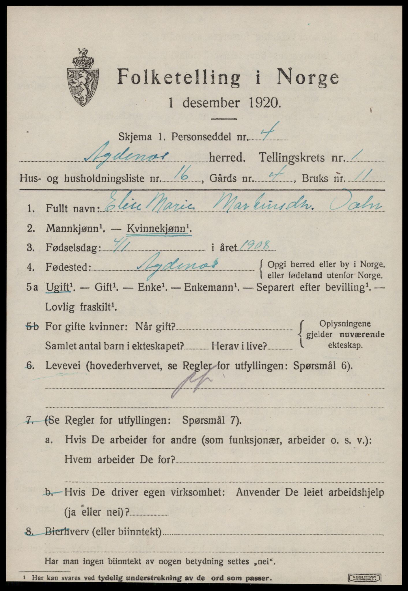 SAT, 1920 census for Agdenes, 1920, p. 691