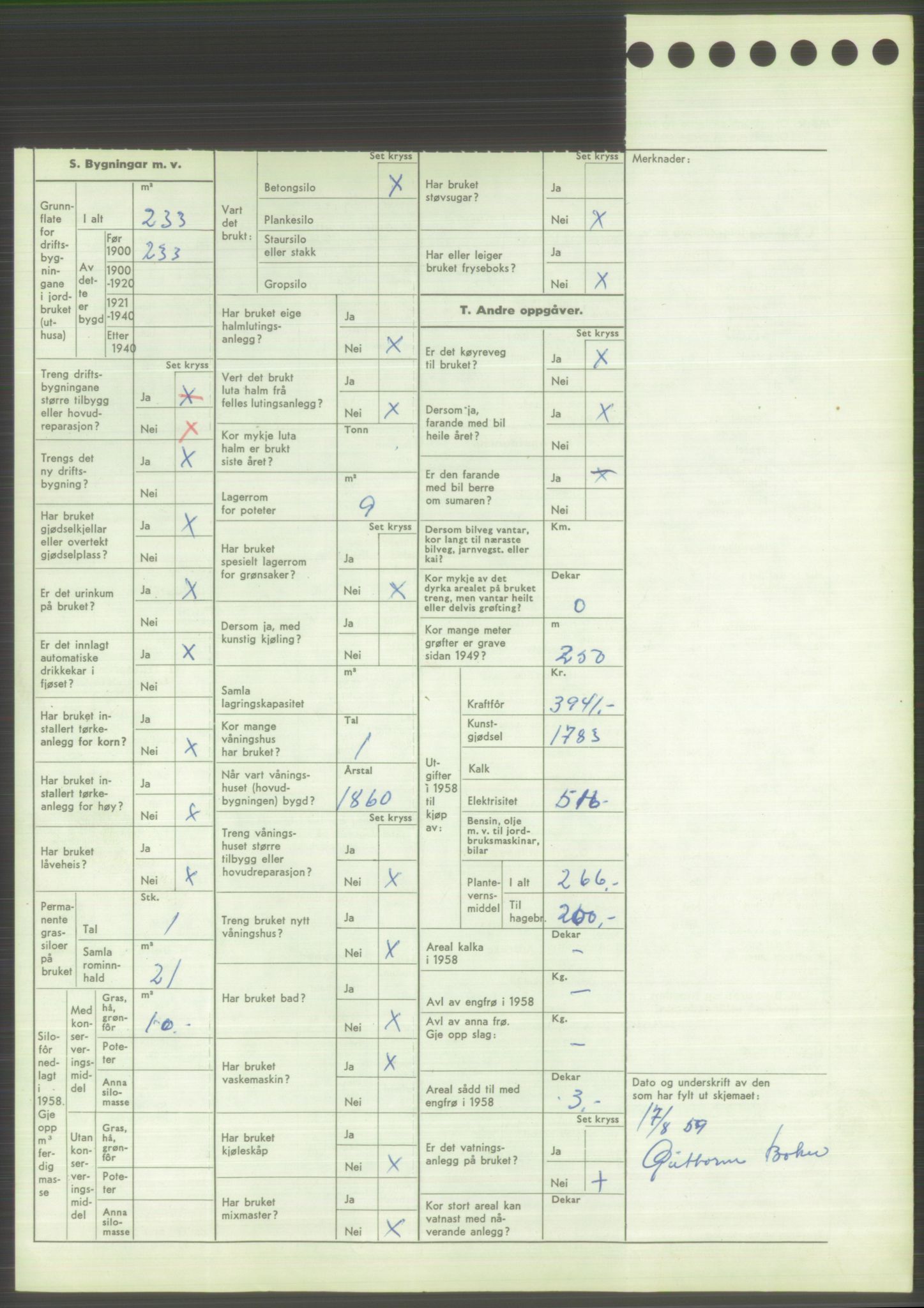 Statistisk sentralbyrå, Næringsøkonomiske emner, Jordbruk, skogbruk, jakt, fiske og fangst, AV/RA-S-2234/G/Gd/L0373: Rogaland: 1130 Strand (kl. 1-2), 1131 Årdal og 1132 Fister, 1959, p. 1898