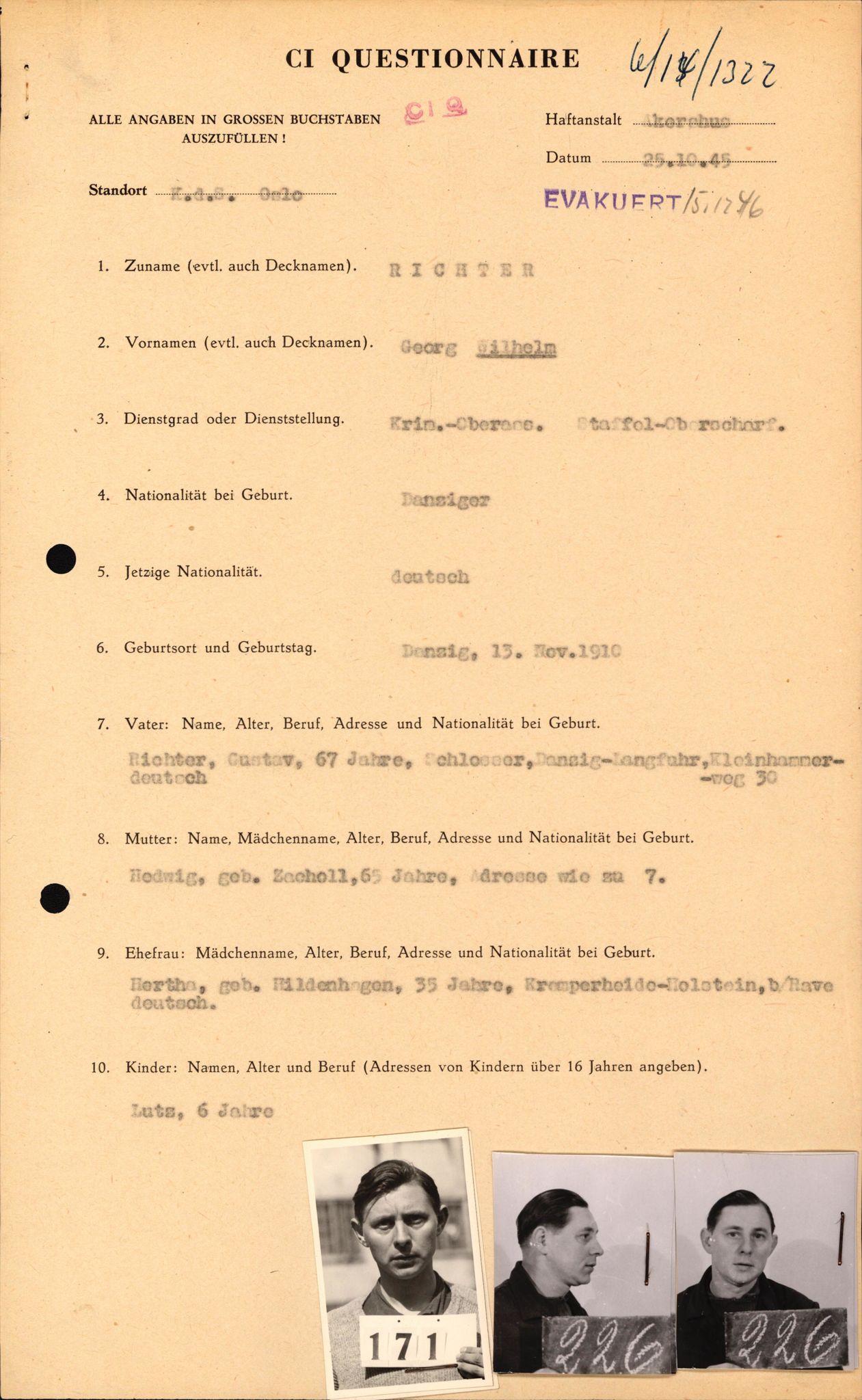 Forsvaret, Forsvarets overkommando II, AV/RA-RAFA-3915/D/Db/L0027: CI Questionaires. Tyske okkupasjonsstyrker i Norge. Tyskere., 1945-1946, p. 325