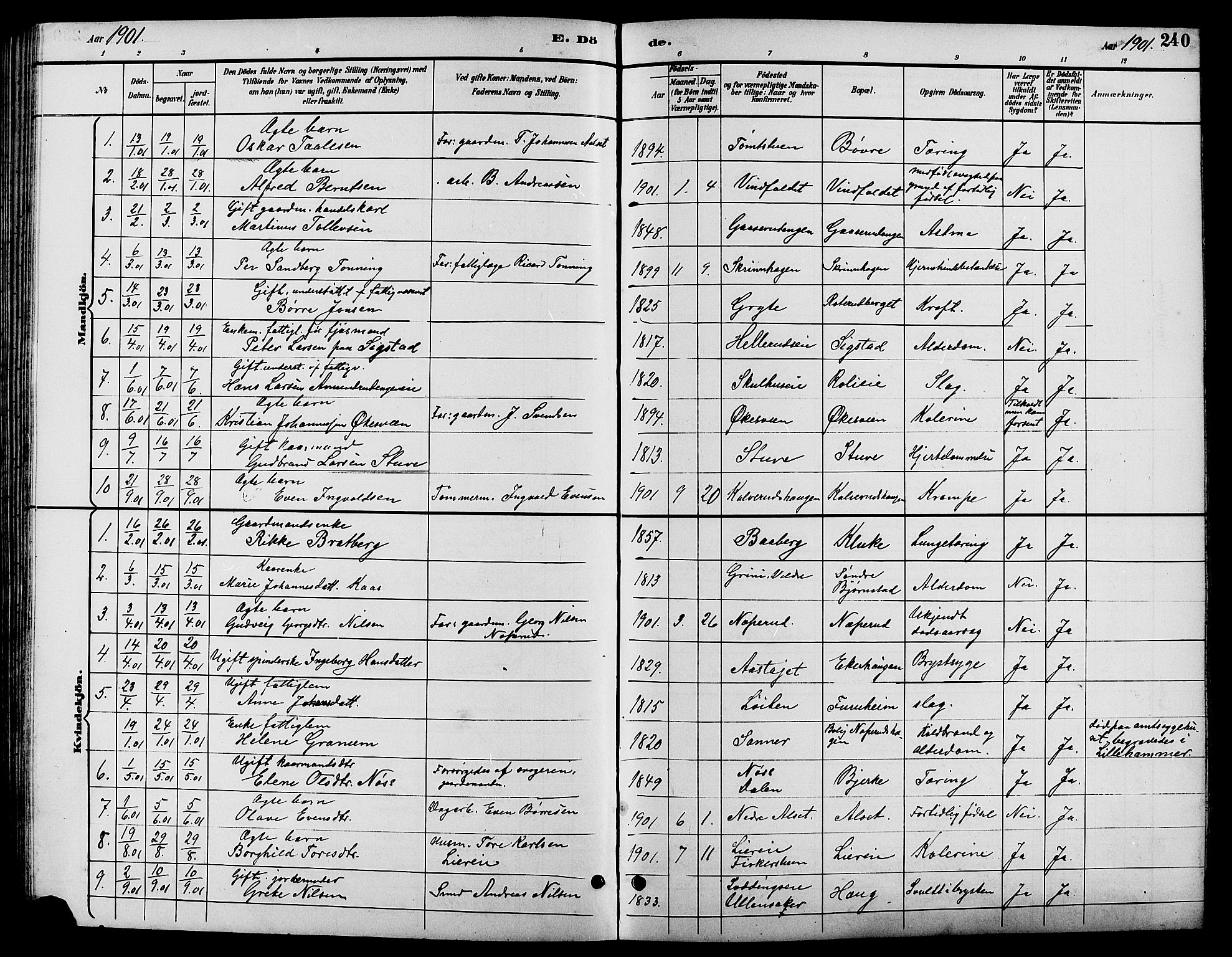 Biri prestekontor, SAH/PREST-096/H/Ha/Hab/L0004: Parish register (copy) no. 4, 1892-1909, p. 240