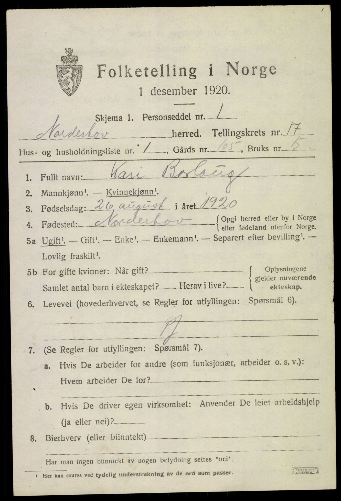 SAKO, 1920 census for Norderhov, 1920, p. 18516