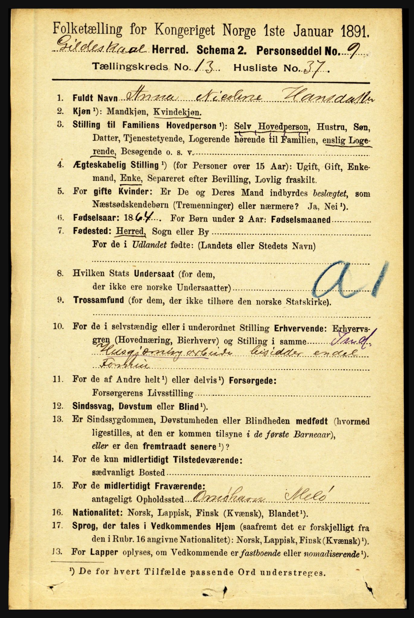 RA, 1891 census for 1838 Gildeskål, 1891, p. 4296