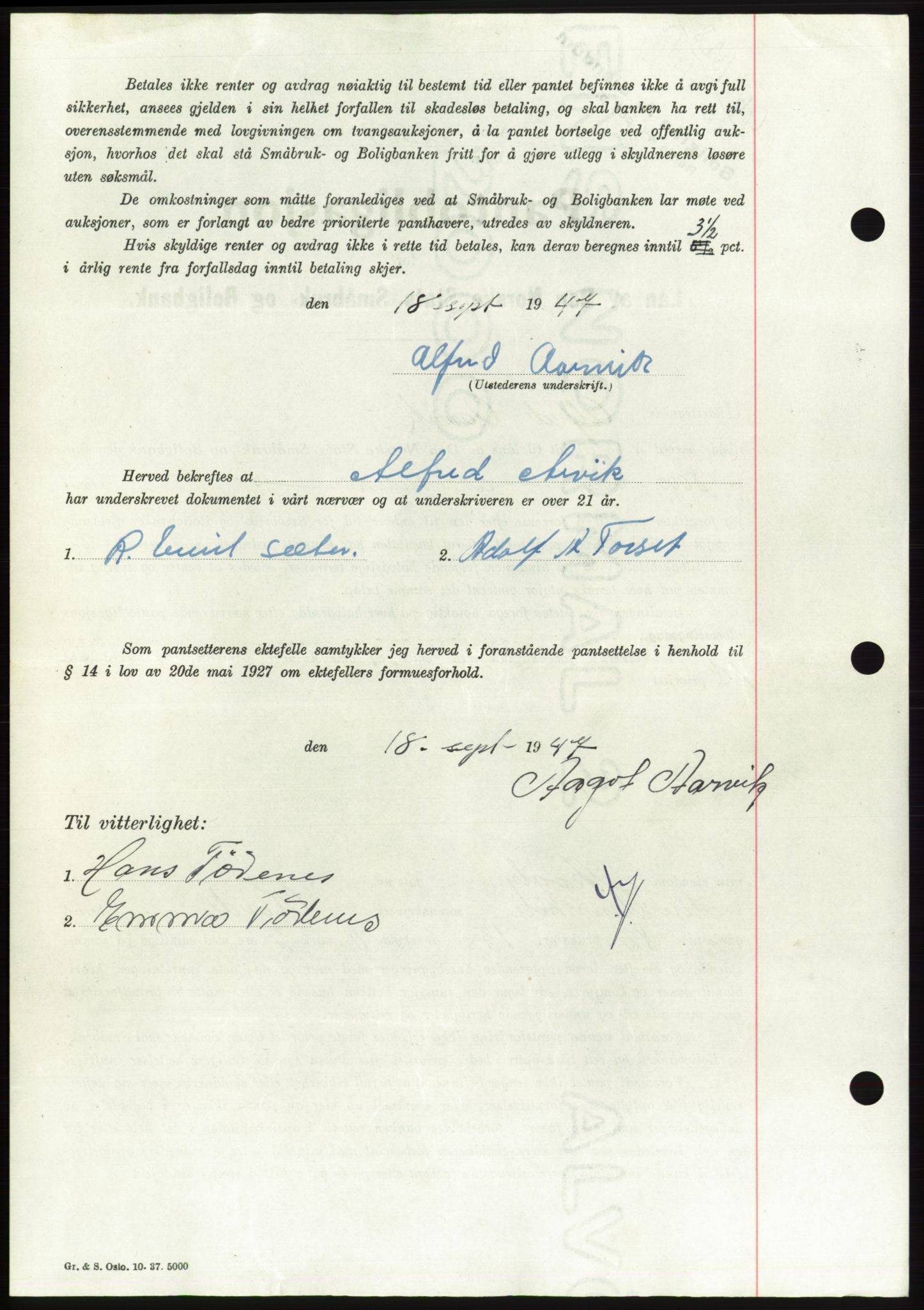 Søre Sunnmøre sorenskriveri, AV/SAT-A-4122/1/2/2C/L0115: Mortgage book no. 3B, 1947-1948, Diary no: : 1328/1947