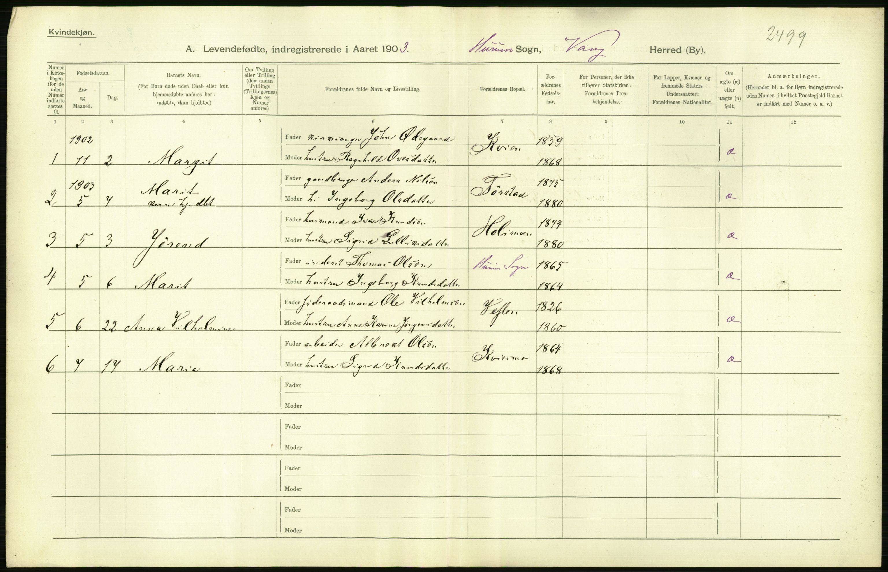 Statistisk sentralbyrå, Sosiodemografiske emner, Befolkning, AV/RA-S-2228/D/Df/Dfa/Dfaa/L0006: Kristians amt: Fødte, gifte, døde, 1903, p. 386