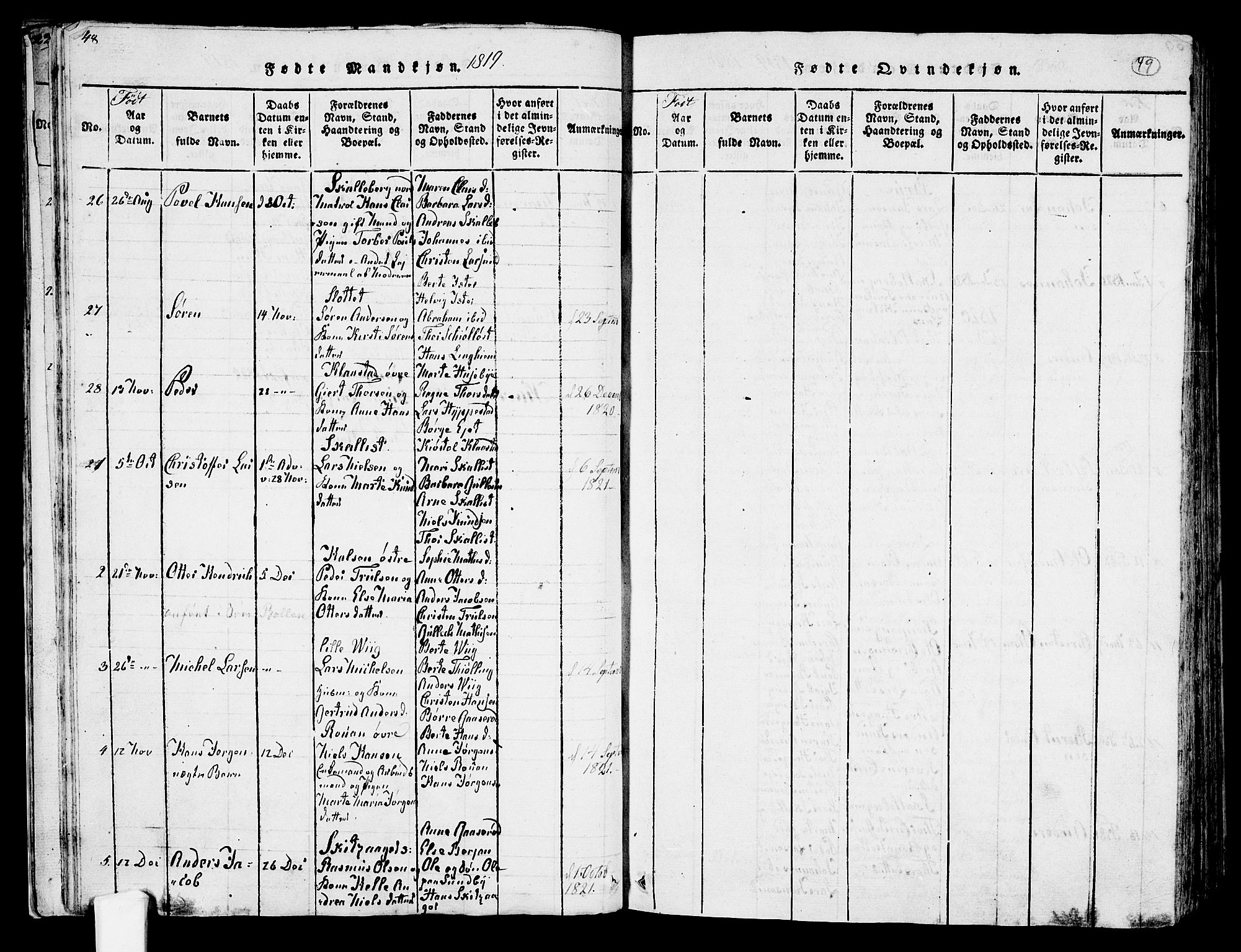 Tjølling kirkebøker, SAKO/A-60/F/Fa/L0005: Parish register (official) no. 5, 1814-1836, p. 48-49
