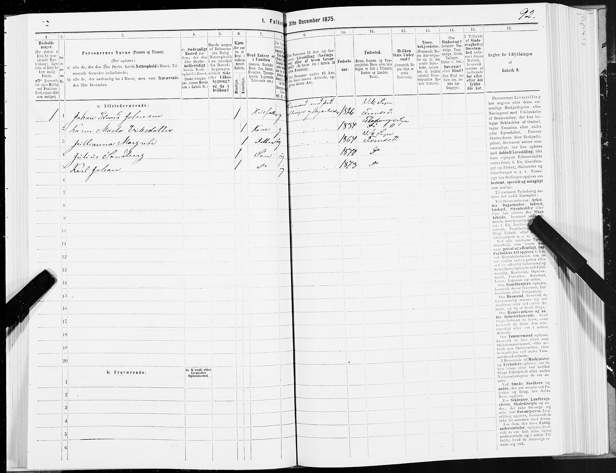 SAT, 1875 census for 1748P Fosnes, 1875, p. 3092