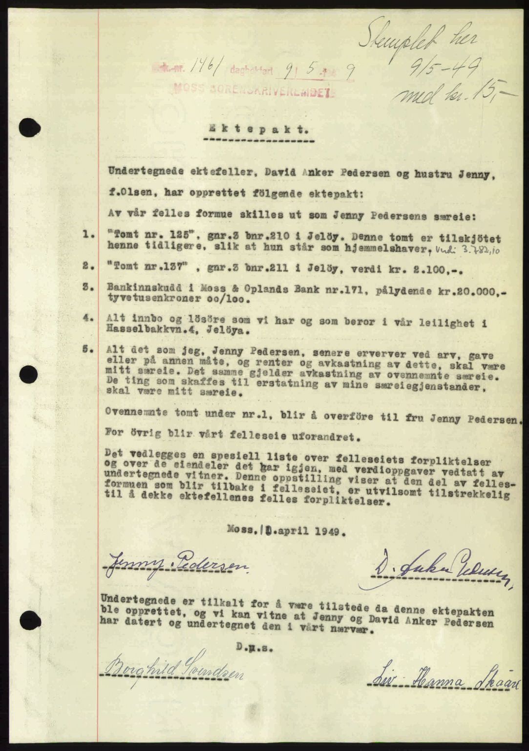 Moss sorenskriveri, AV/SAO-A-10168: Mortgage book no. A22, 1949-1949, Diary no: : 1461/1949