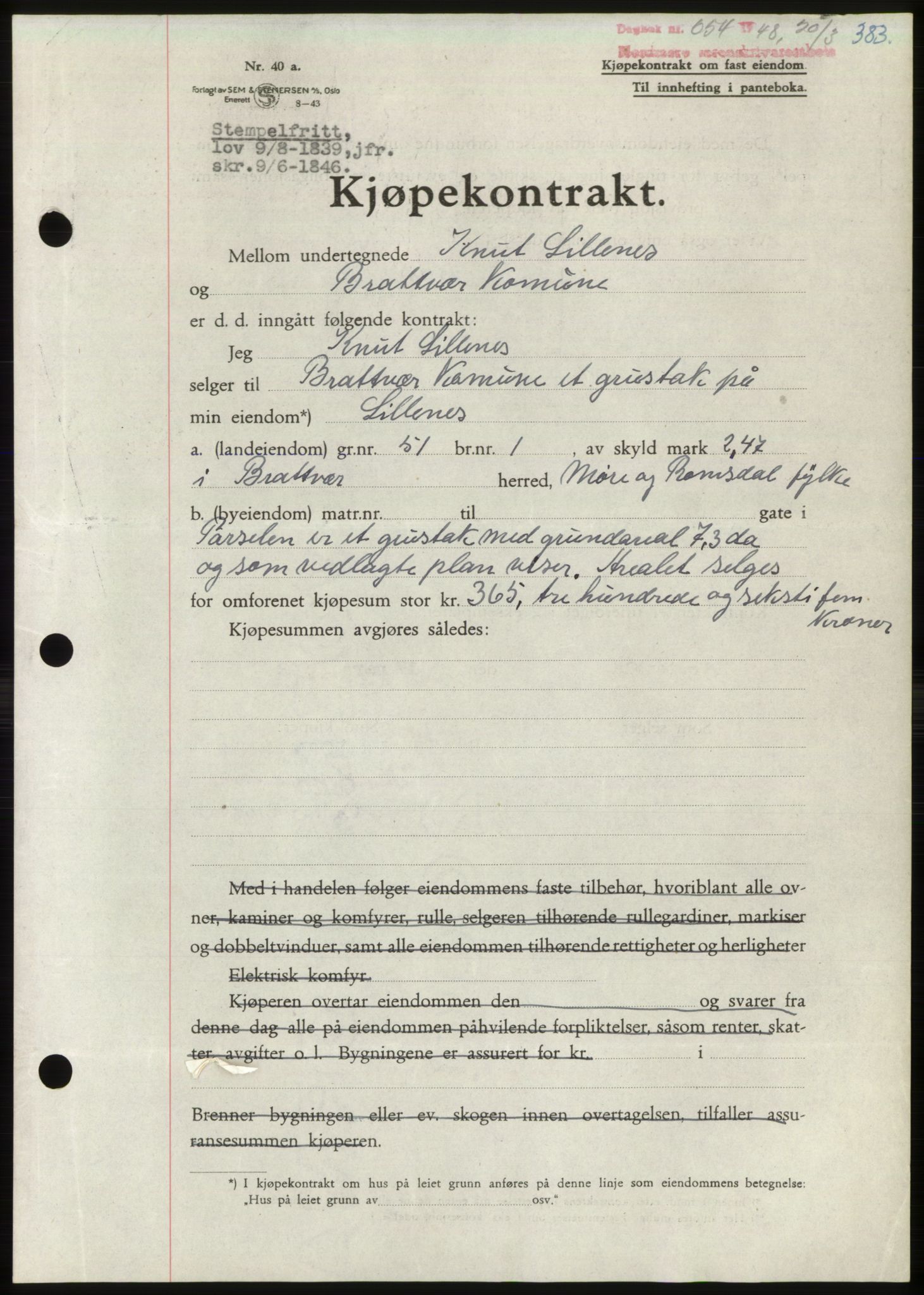 Nordmøre sorenskriveri, AV/SAT-A-4132/1/2/2Ca: Mortgage book no. B98, 1948-1948, Diary no: : 654/1948