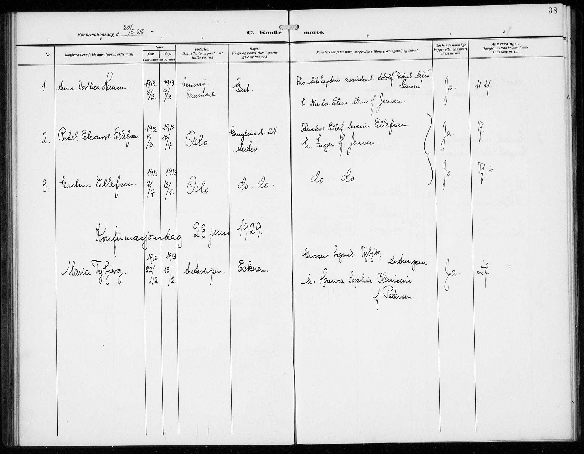 Den norske sjømannsmisjon i utlandet/Antwerpen, SAB/SAB/PA-0105/H/Ha/L0003: Parish register (official) no. A 3, 1914-1930, p. 38