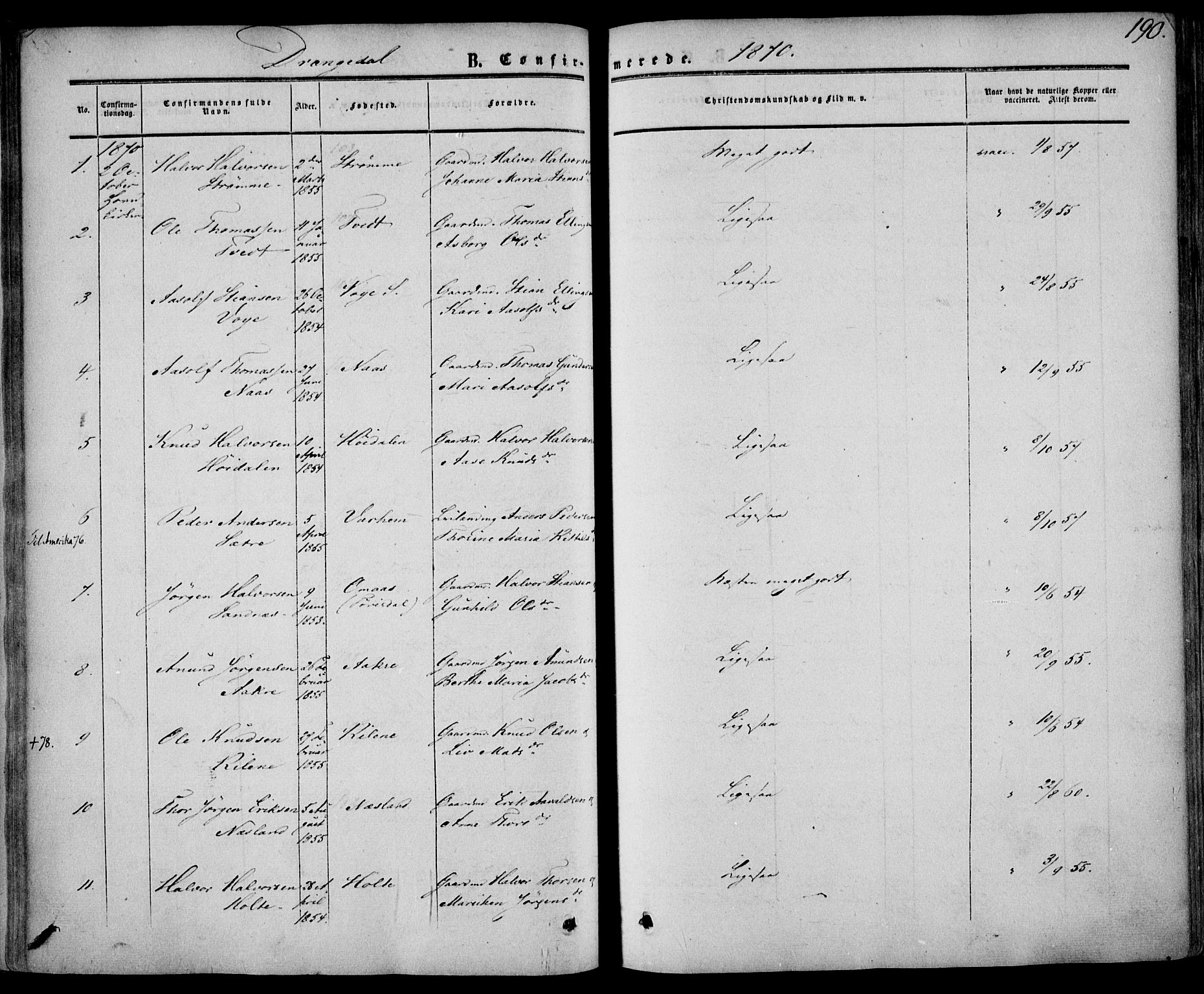 Drangedal kirkebøker, SAKO/A-258/F/Fa/L0008: Parish register (official) no. 8, 1857-1871, p. 190