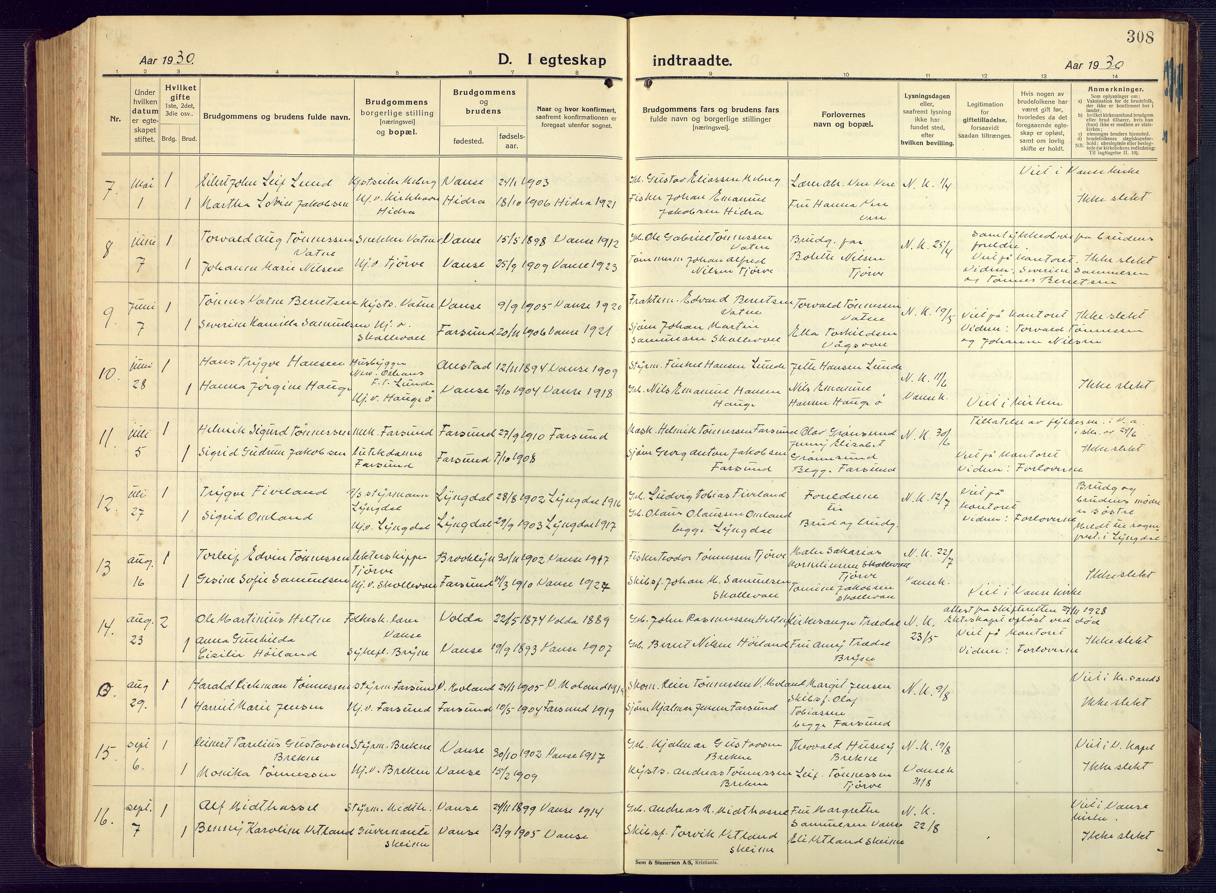 Lista sokneprestkontor, AV/SAK-1111-0027/F/Fb/L0006: Parish register (copy) no. B 6, 1924-1947, p. 308