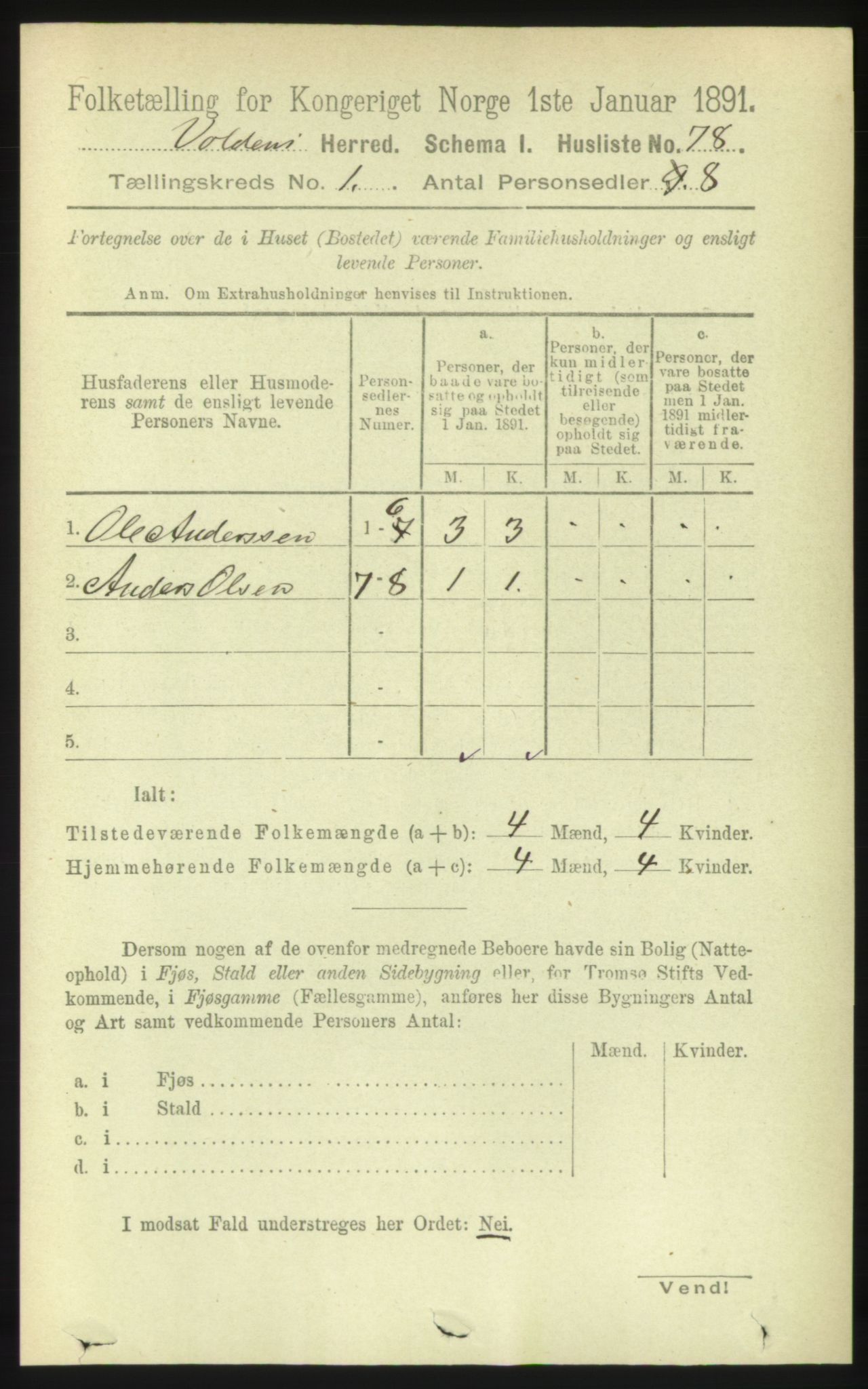 RA, 1891 census for 1519 Volda, 1891, p. 104