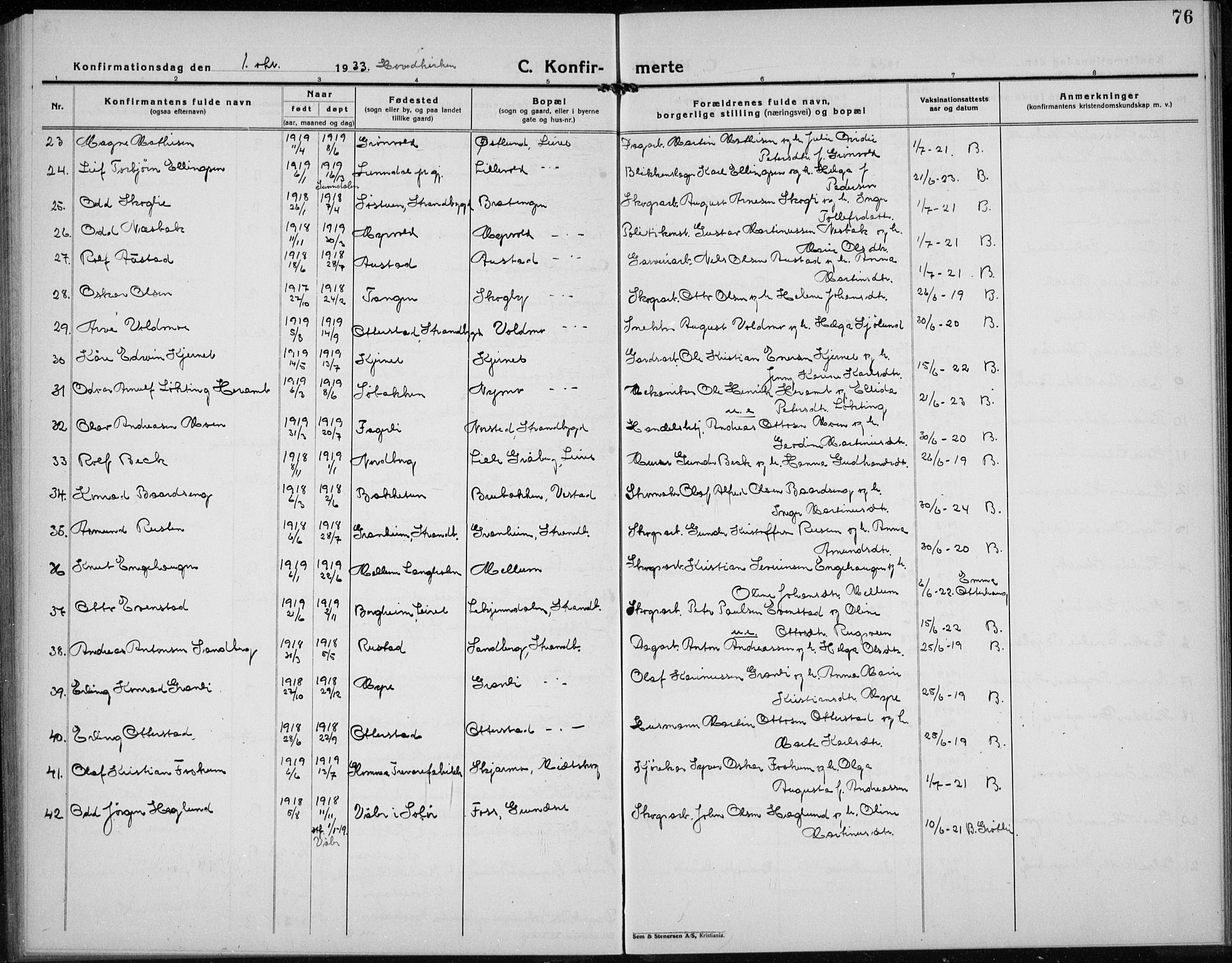 Elverum prestekontor, AV/SAH-PREST-044/H/Ha/Hab/L0032: Parish register (copy) no. 32, 1922-1936, p. 76