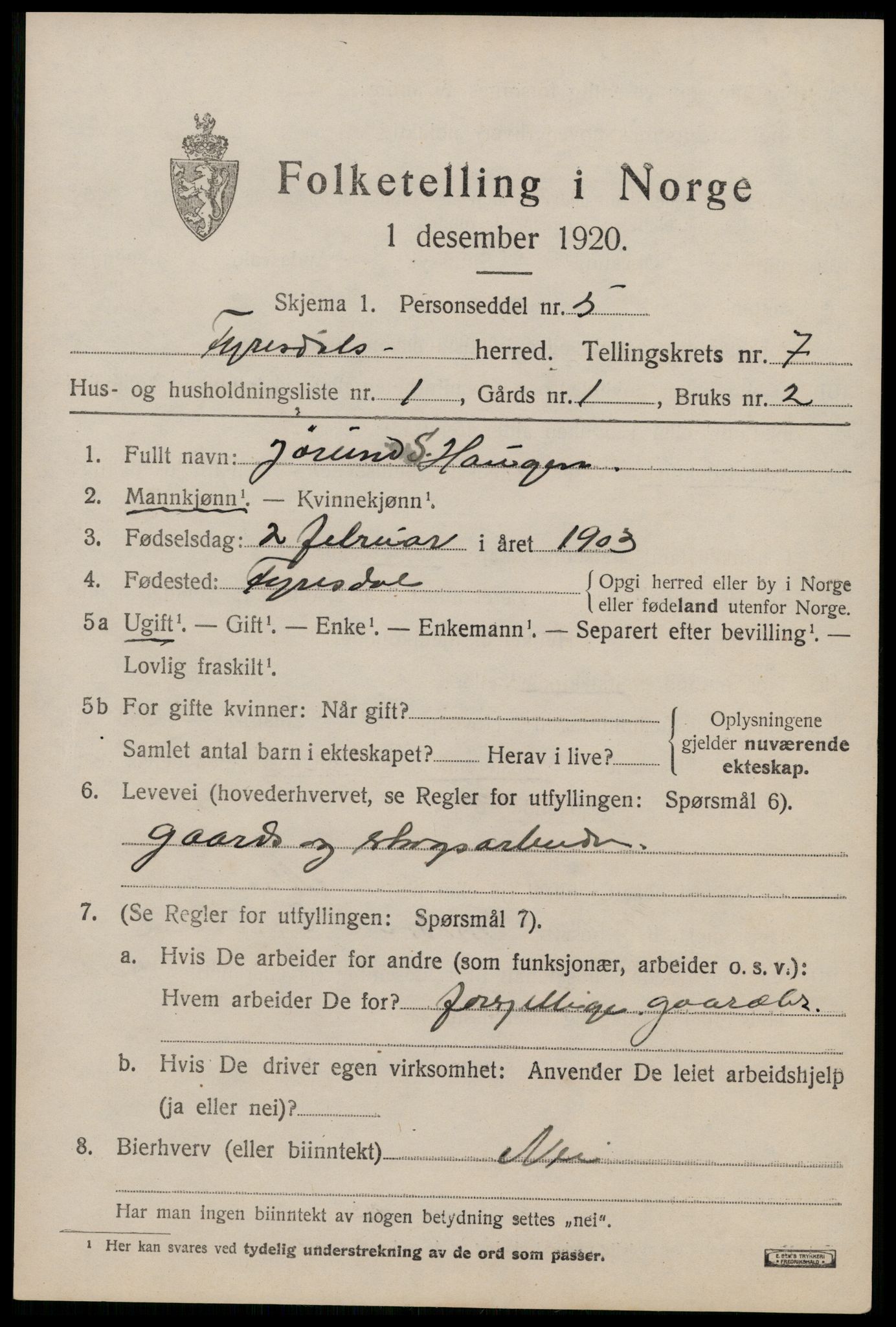 SAKO, 1920 census for Fyresdal, 1920, p. 2679