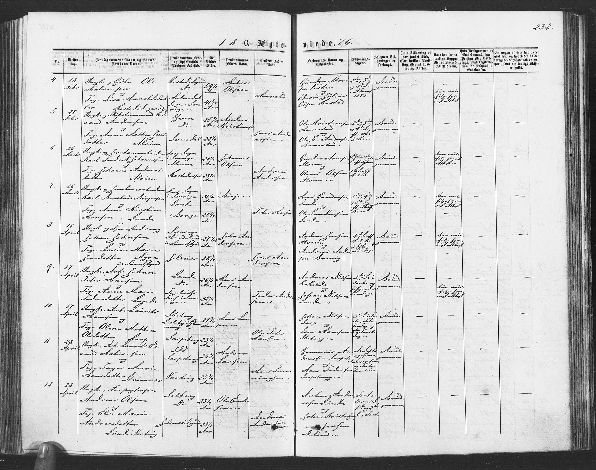 Tune prestekontor Kirkebøker, SAO/A-2007/F/Fa/L0016: Parish register (official) no. 16, 1874-1877, p. 232