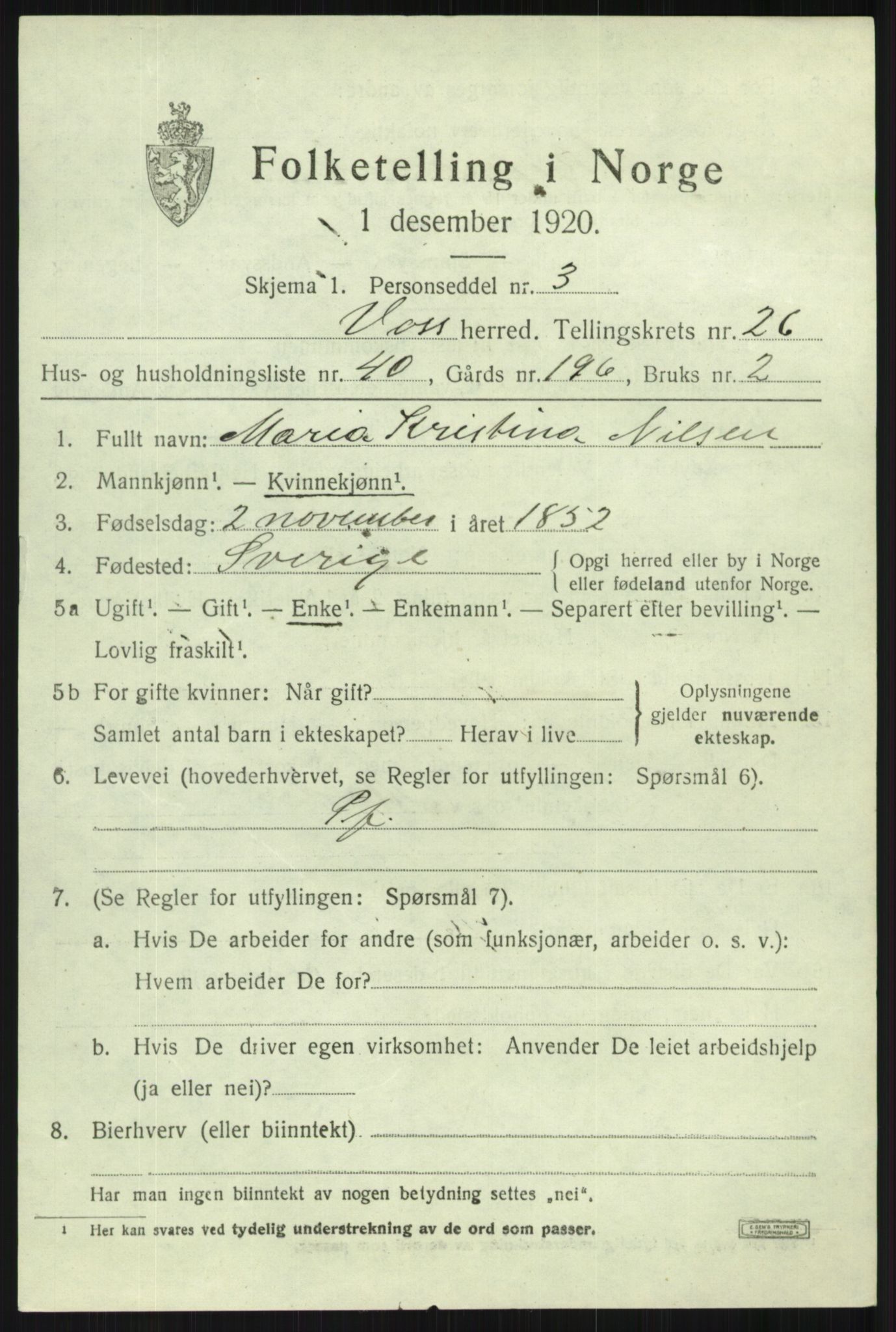 SAB, 1920 census for Voss, 1920, p. 18443