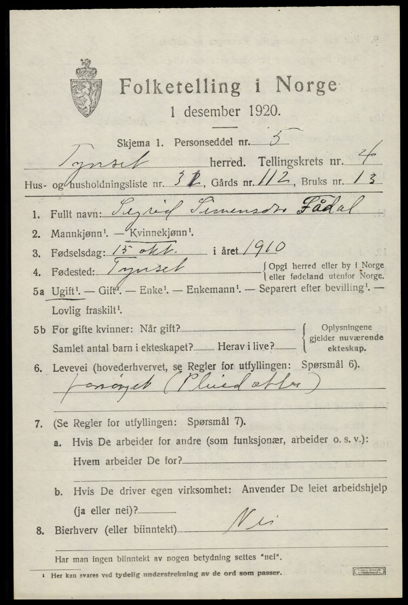 SAH, 1920 census for Tynset, 1920, p. 9196