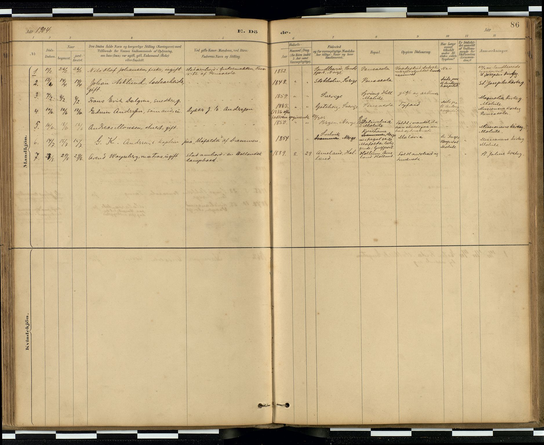 Den norske sjømannsmisjon i utlandet / Quebec (Canada) samt Pensacola--Savannah-Mobile-New Orleans-Gulfport (Gulfhamnene i USA), SAB/SAB/PA-0114/H/Ha/L0001: Parish register (official) no. A 1, 1887-1924, p. 85b-86a