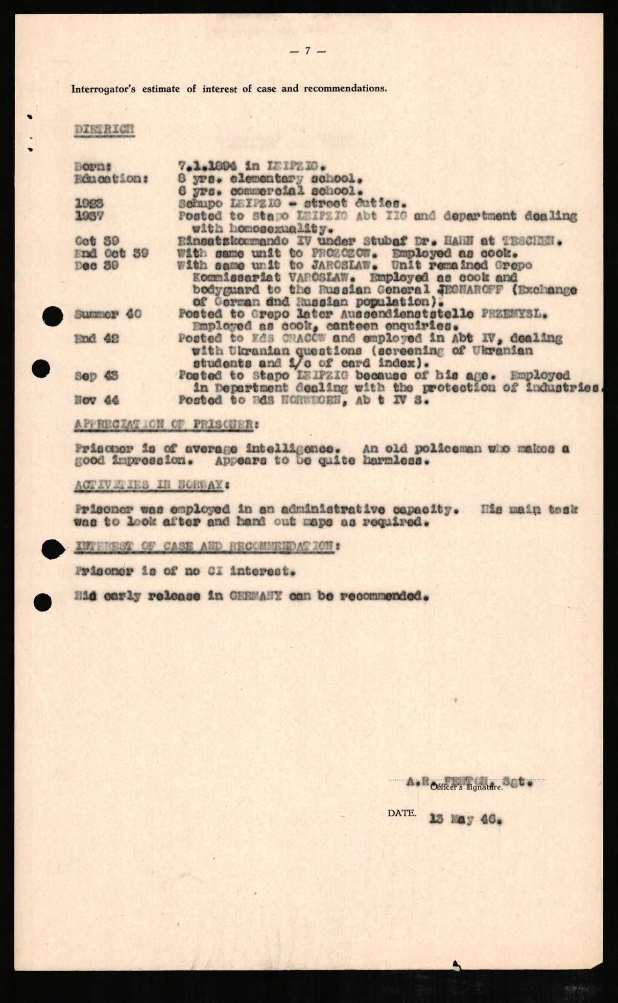 Forsvaret, Forsvarets overkommando II, AV/RA-RAFA-3915/D/Db/L0006: CI Questionaires. Tyske okkupasjonsstyrker i Norge. Tyskere., 1945-1946, p. 72