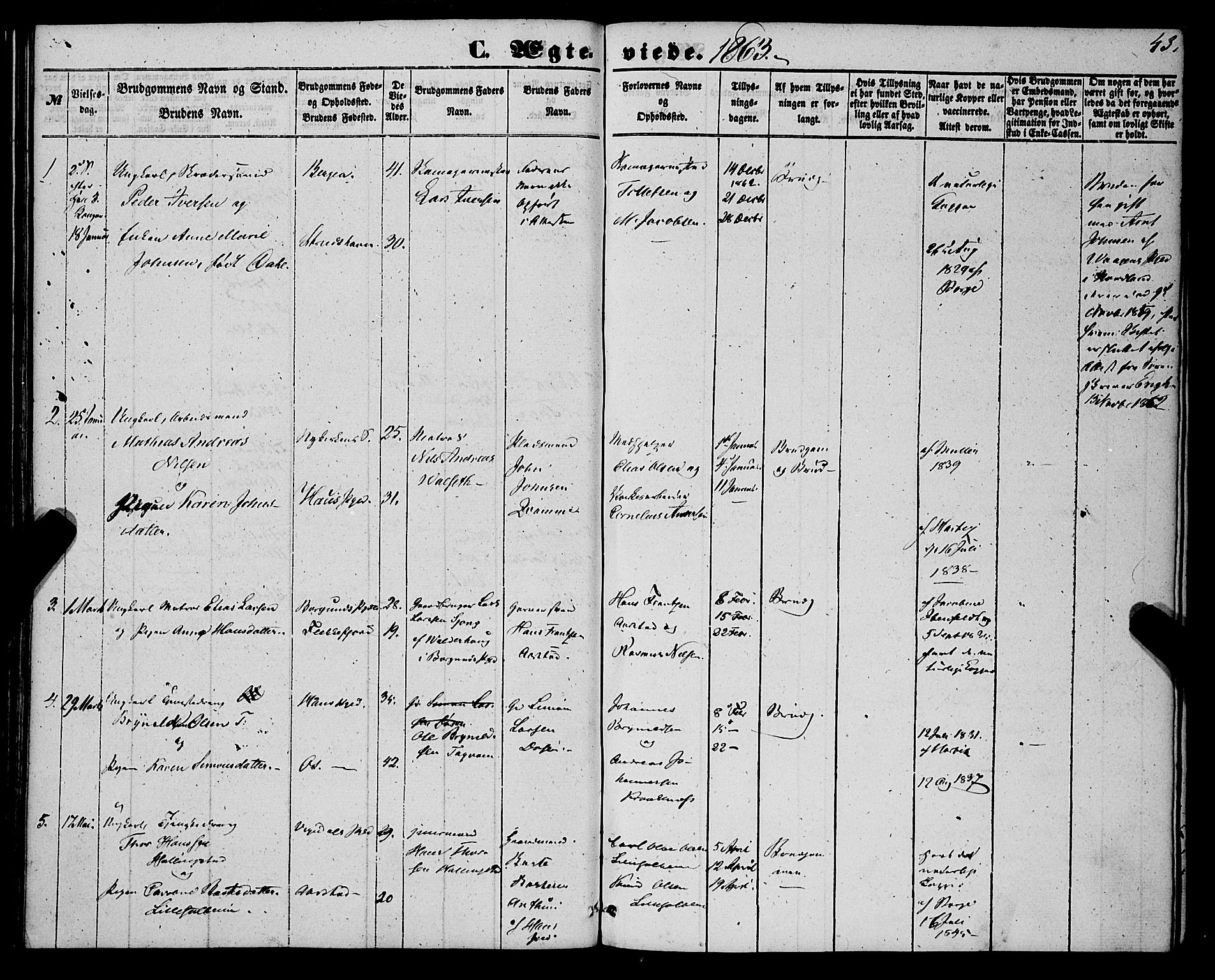 St. Jørgens hospital og Årstad sokneprestembete, AV/SAB-A-99934: Parish register (official) no. A 9, 1853-1878, p. 43