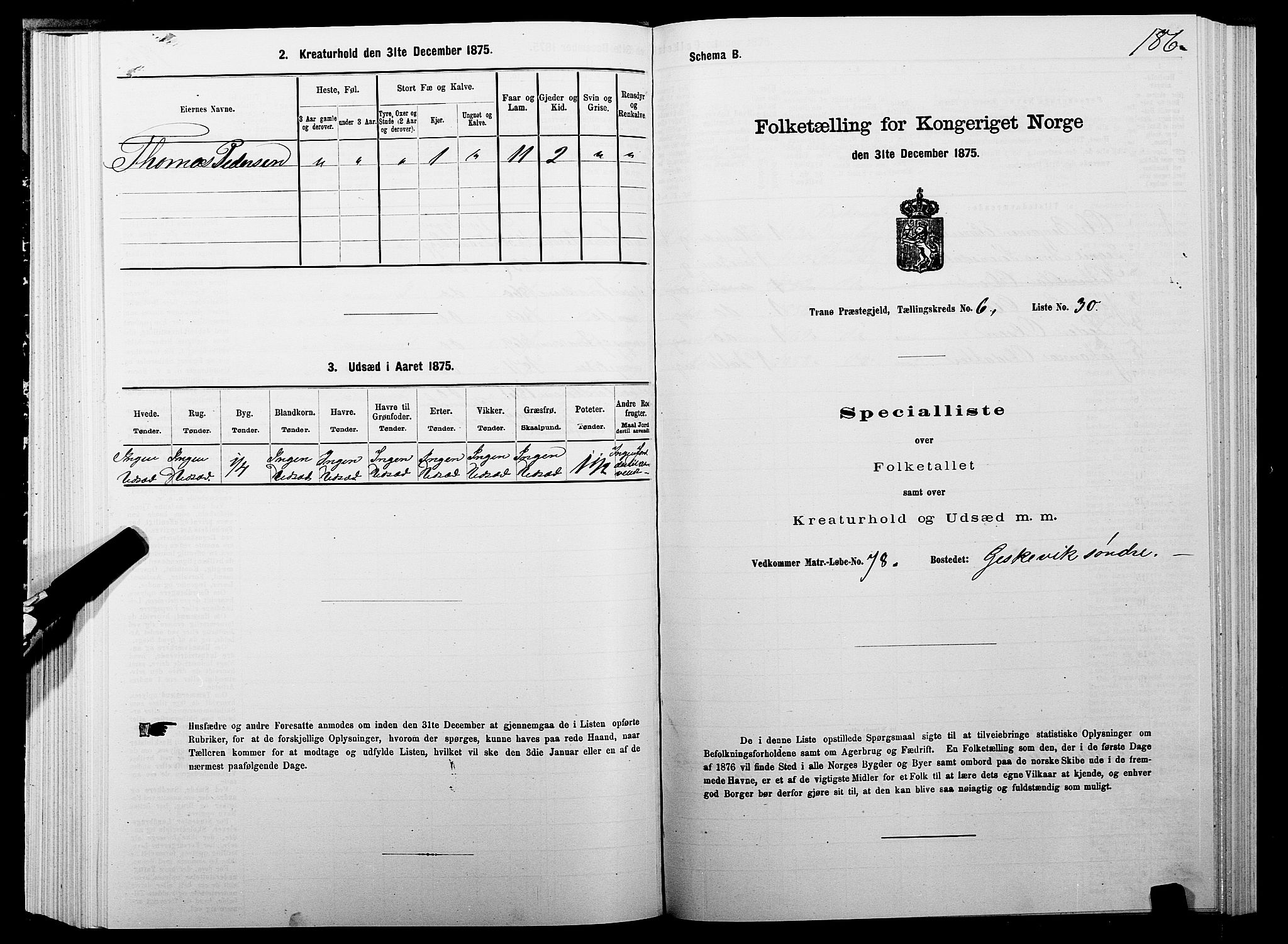 SATØ, 1875 census for 1927P Tranøy, 1875, p. 3186