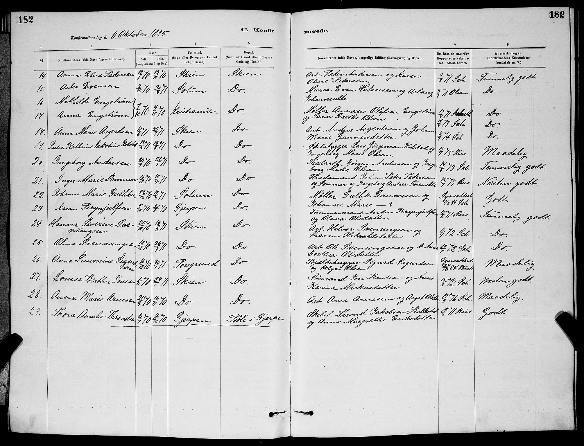 Skien kirkebøker, SAKO/A-302/G/Ga/L0006: Parish register (copy) no. 6, 1881-1890, p. 182