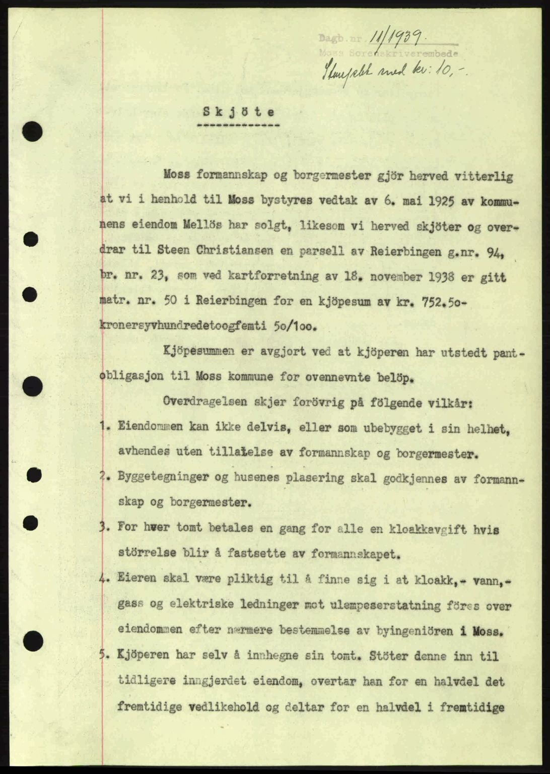 Moss sorenskriveri, SAO/A-10168: Mortgage book no. A5, 1938-1939, Diary no: : 11/1939