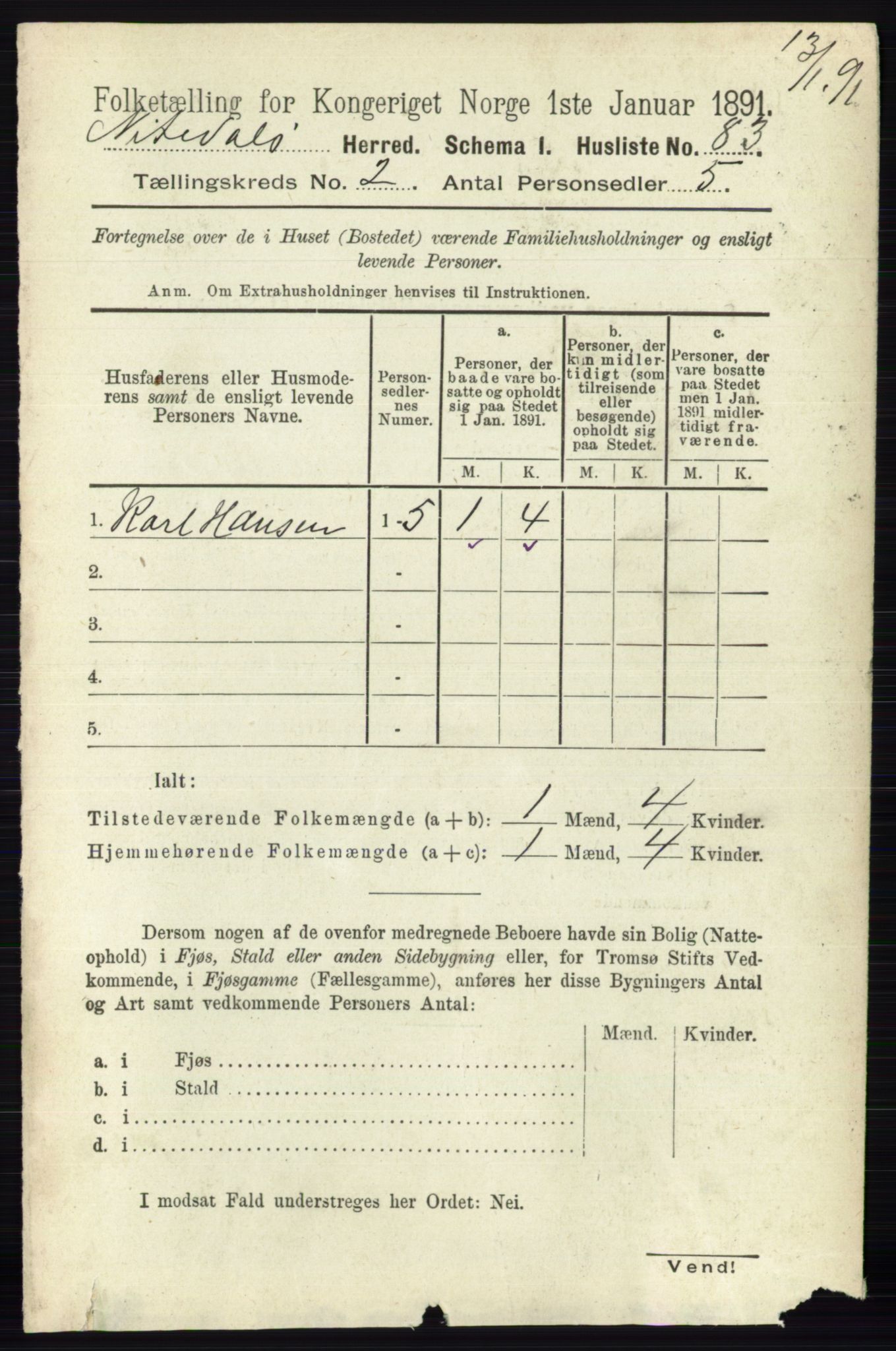 RA, 1891 census for 0233 Nittedal, 1891, p. 586