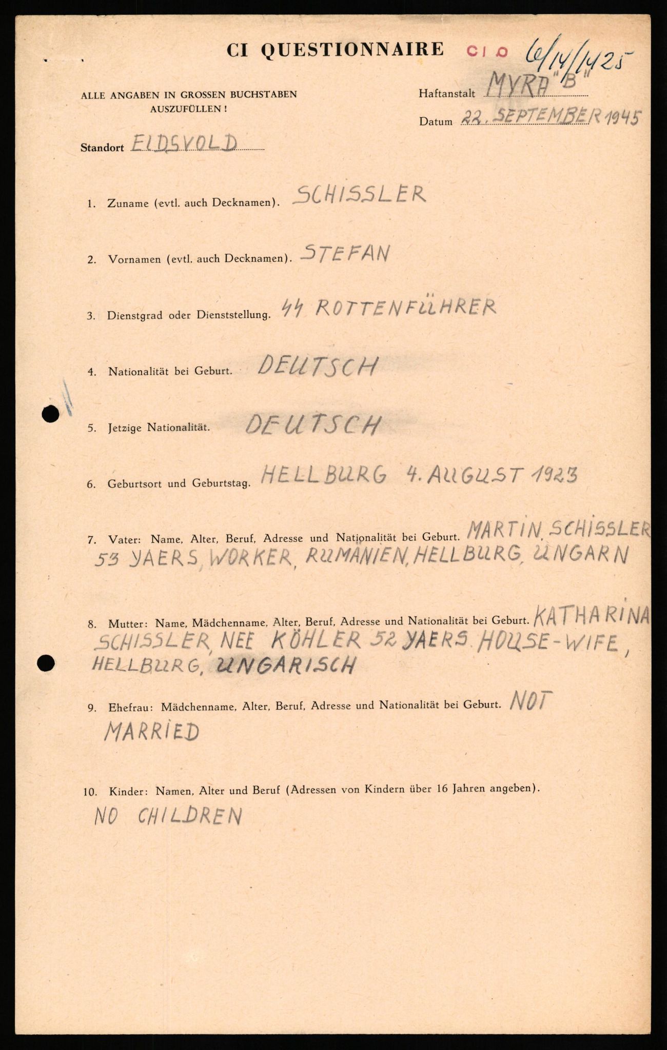 Forsvaret, Forsvarets overkommando II, RA/RAFA-3915/D/Db/L0029: CI Questionaires. Tyske okkupasjonsstyrker i Norge. Tyskere., 1945-1946, p. 213