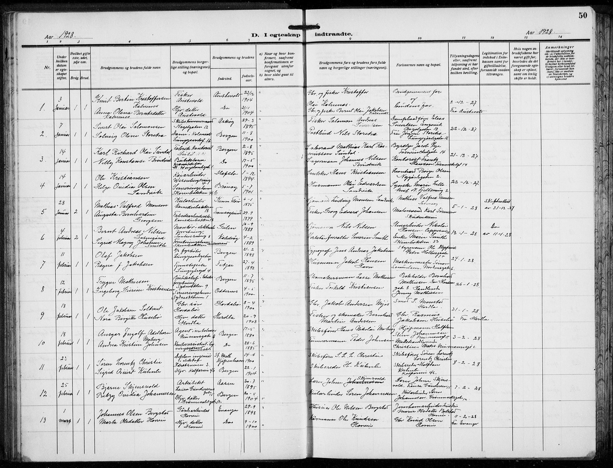 Domkirken sokneprestembete, SAB/A-74801/H/Hab/L0034: Parish register (copy) no. D 6, 1924-1941, p. 50