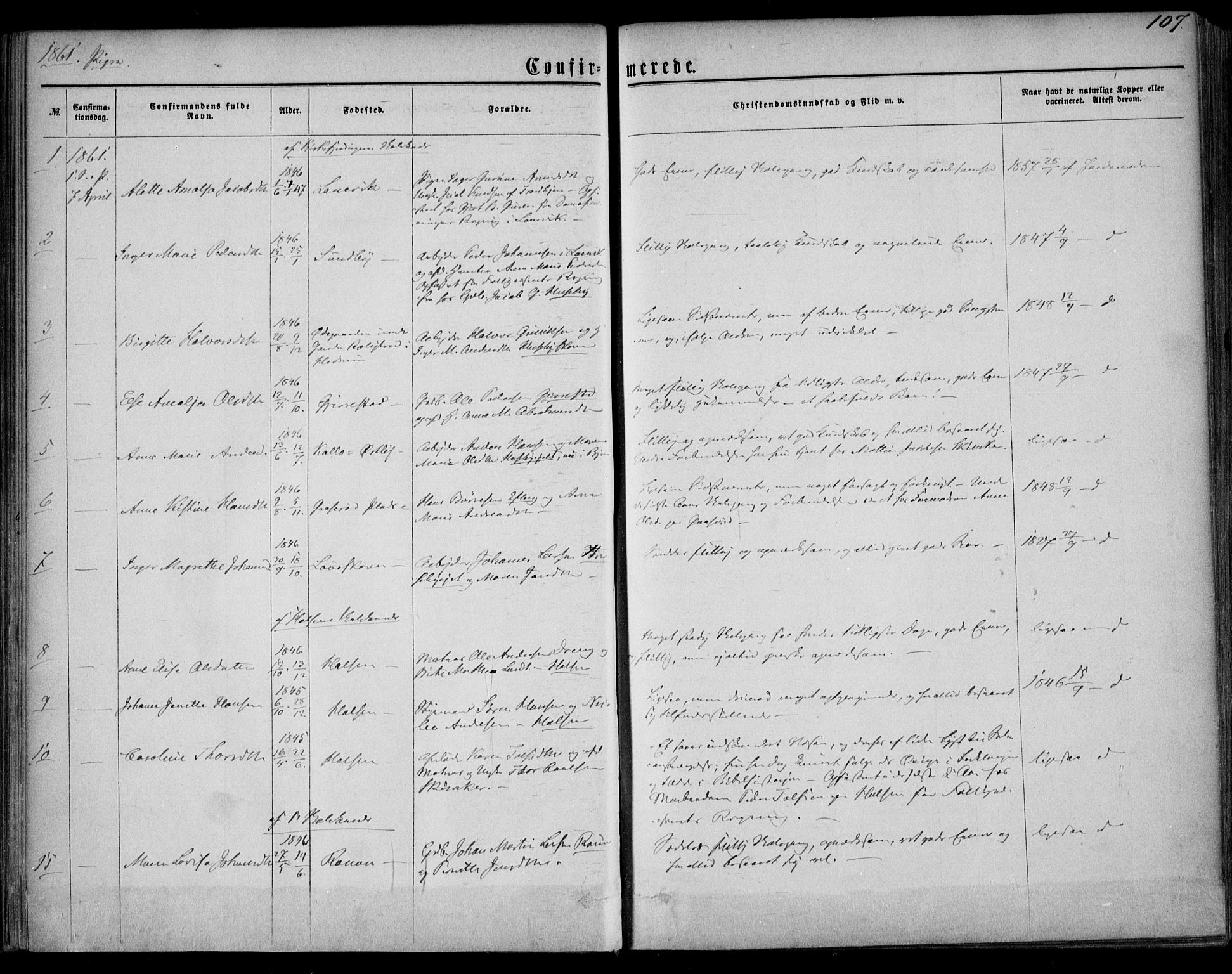 Tjølling kirkebøker, AV/SAKO-A-60/F/Fa/L0007: Parish register (official) no. 7, 1860-1876, p. 107