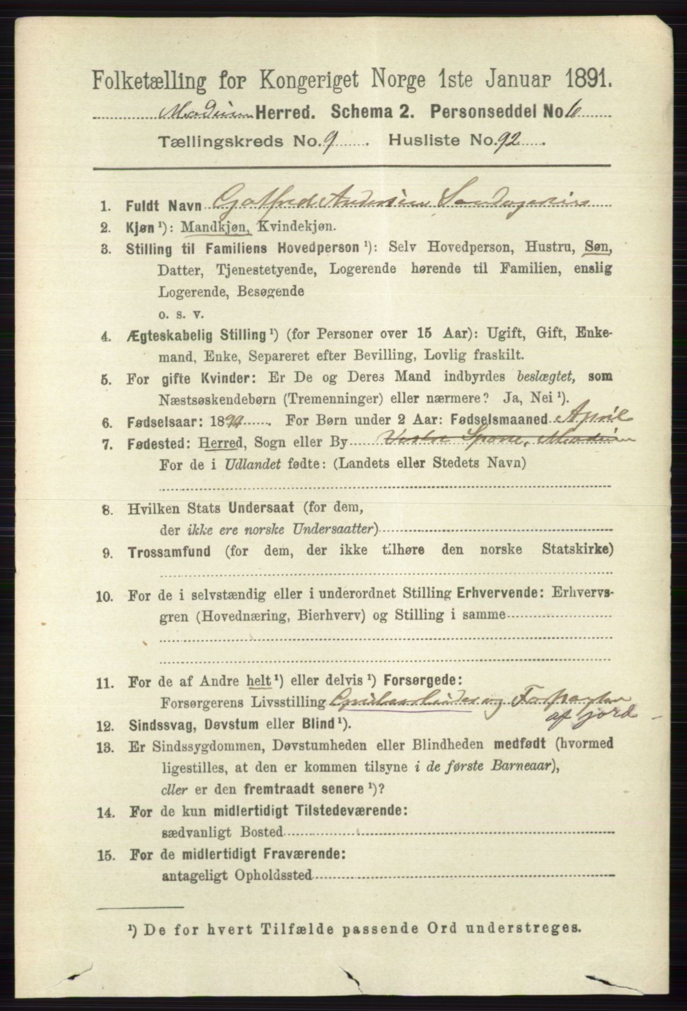 RA, 1891 census for 0623 Modum, 1891, p. 3945