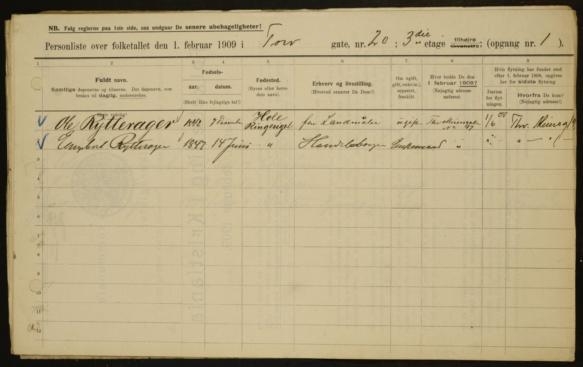 OBA, Municipal Census 1909 for Kristiania, 1909, p. 103466