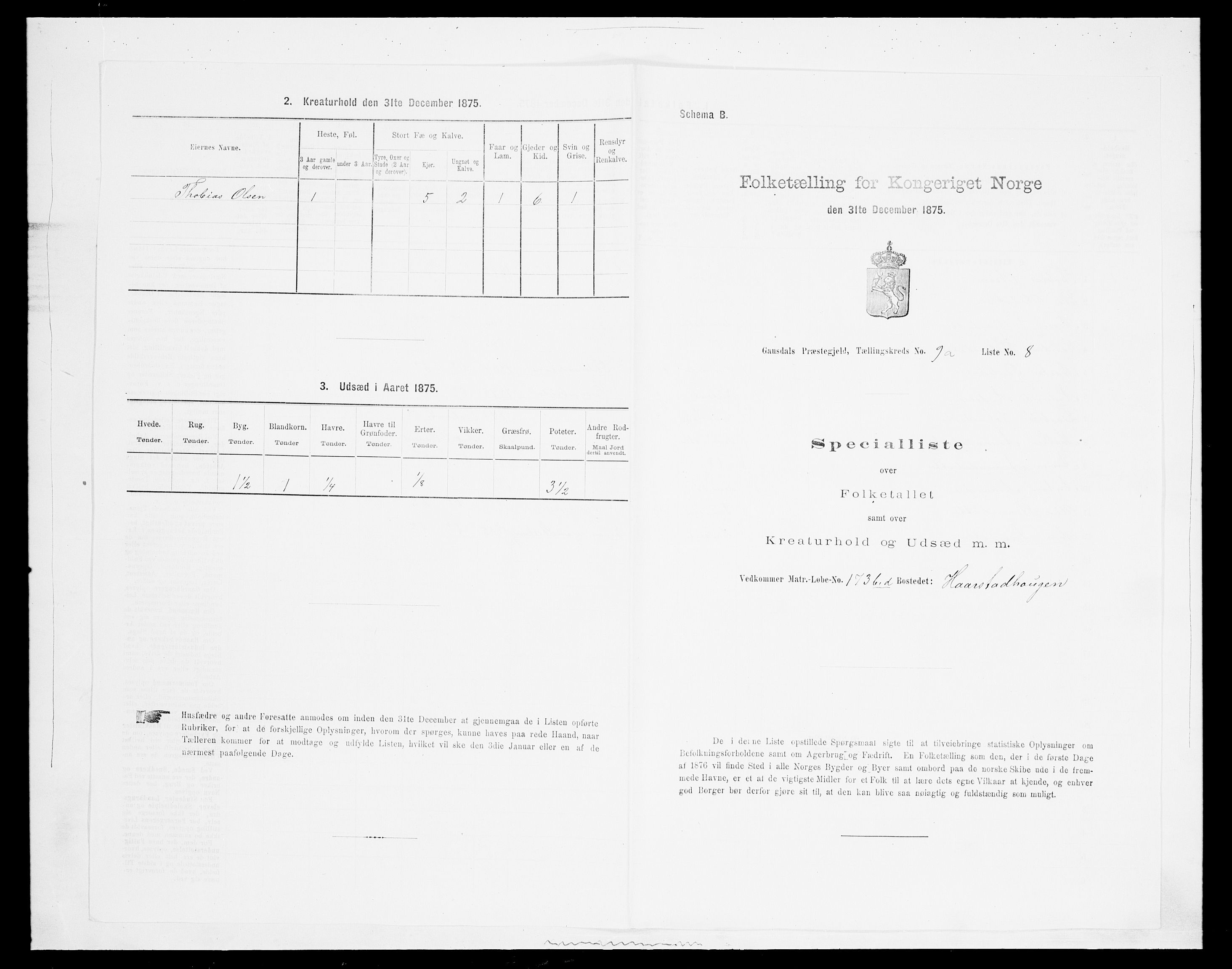 SAH, 1875 census for 0522P Gausdal, 1875, p. 1530