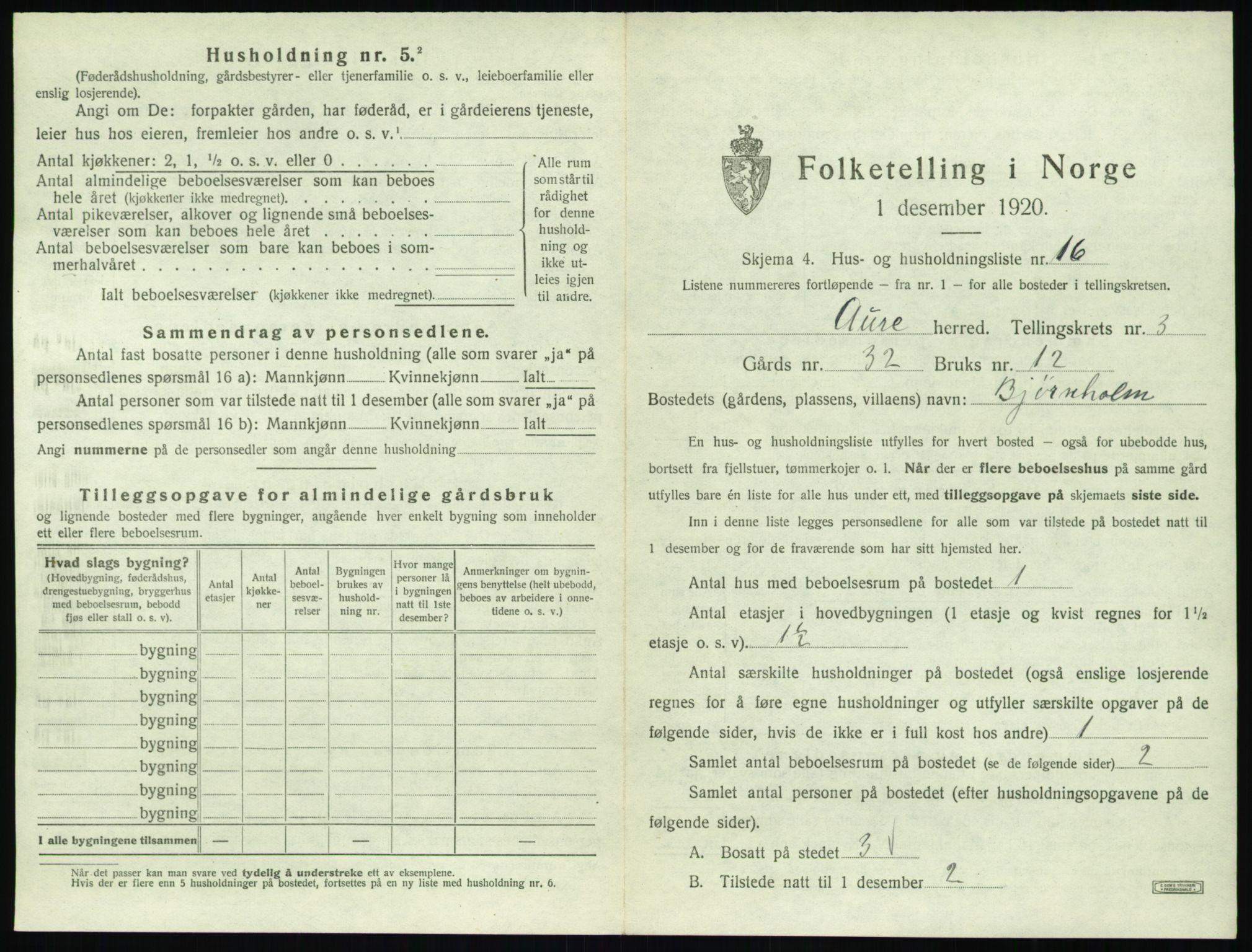 SAT, 1920 census for Aure, 1920, p. 210