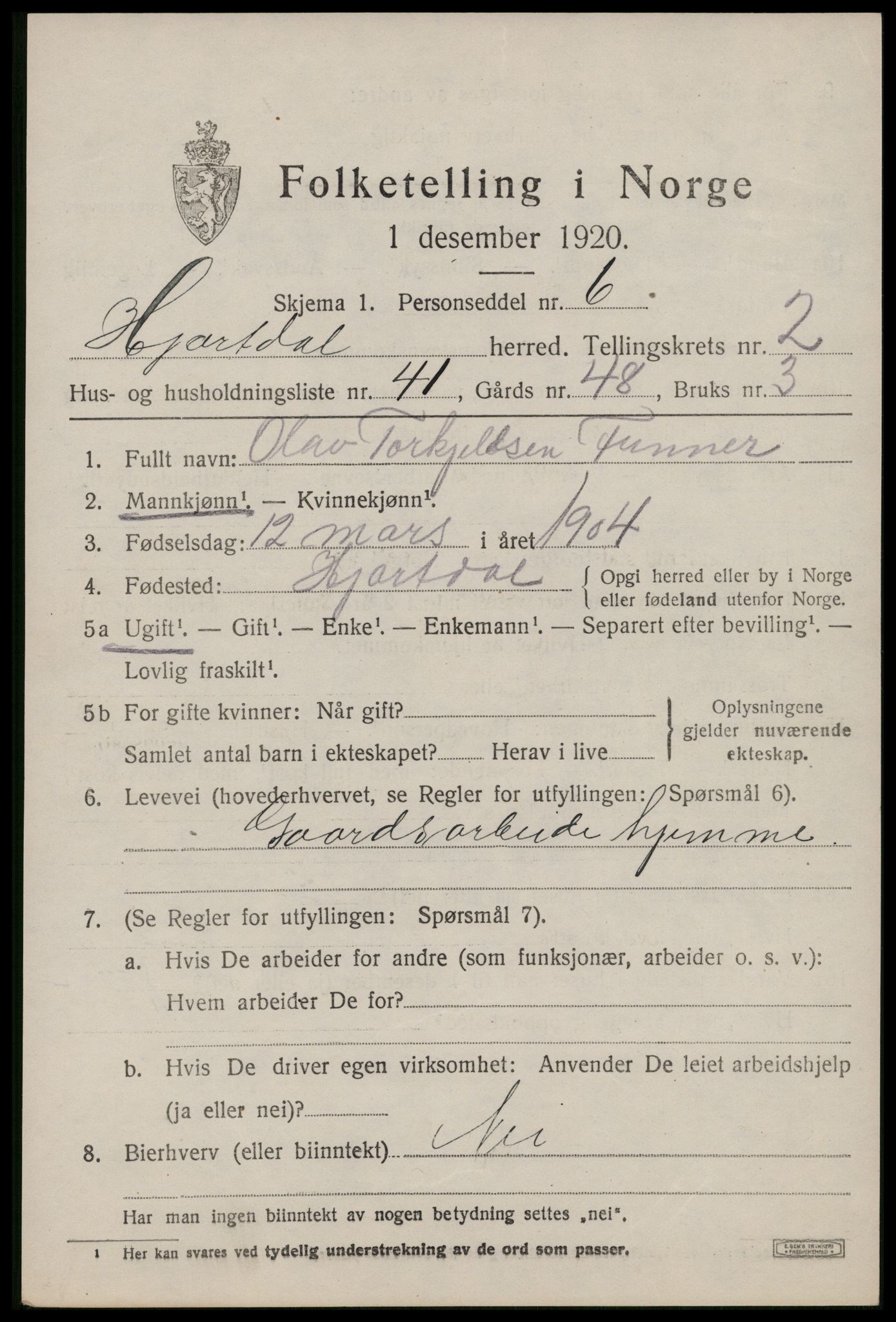 SAKO, 1920 census for Hjartdal, 1920, p. 2262
